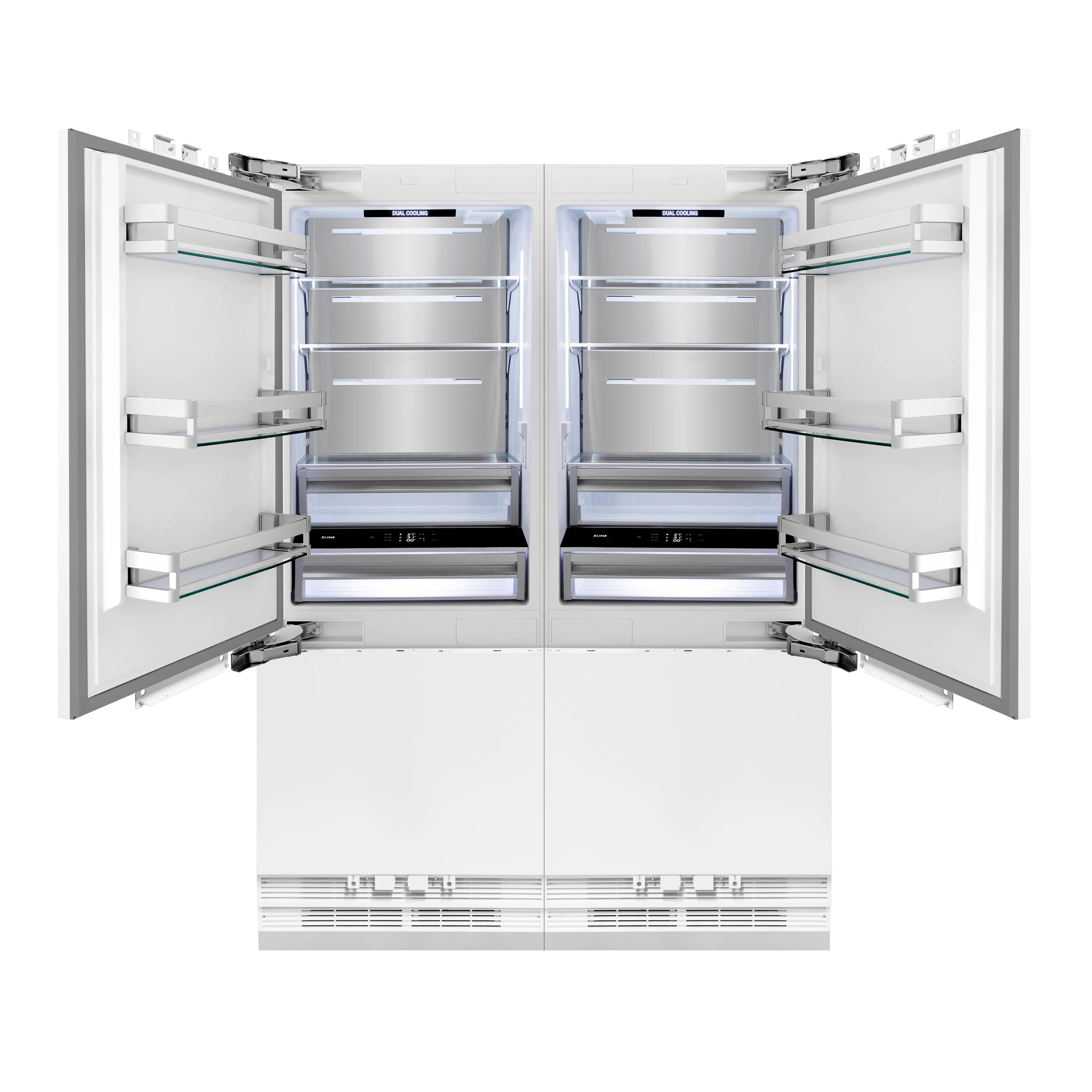 Built-in French door refrigerator interior with shelves, drawers, and two top dispensers