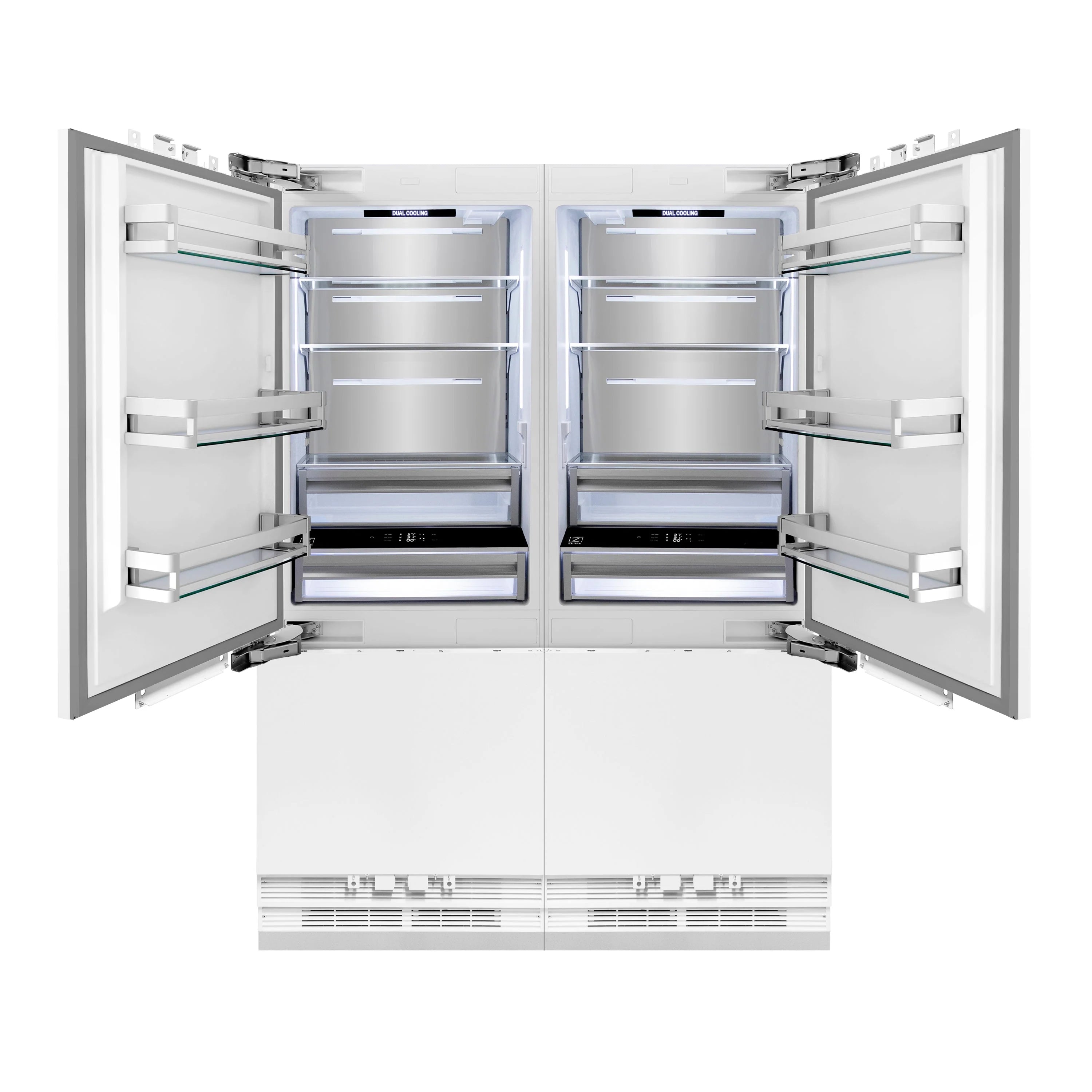 Built-in French door refrigerator with open doors, shelves, and drawers