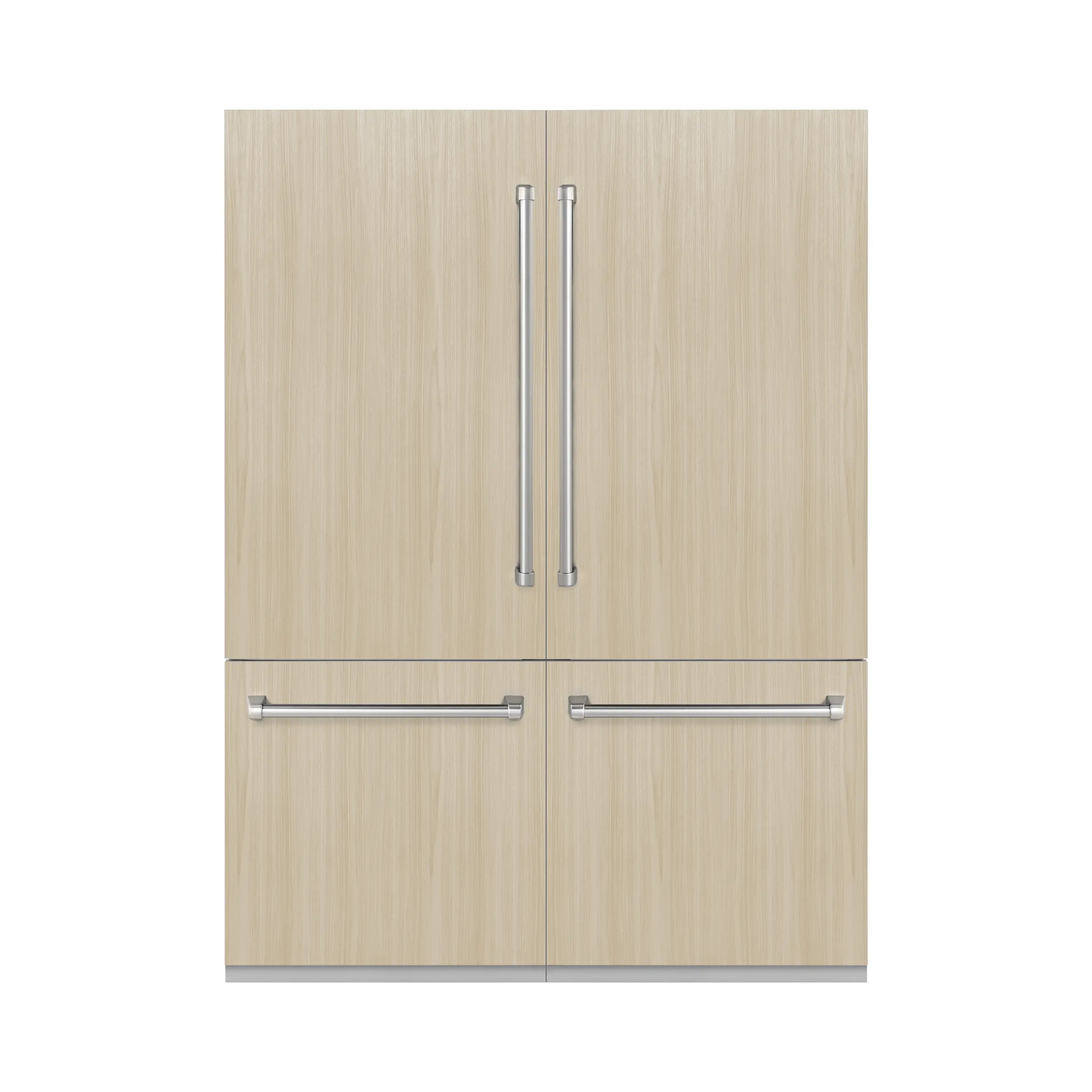 Light wood panel-ready refrigerator doors with stainless vertical and horizontal handles