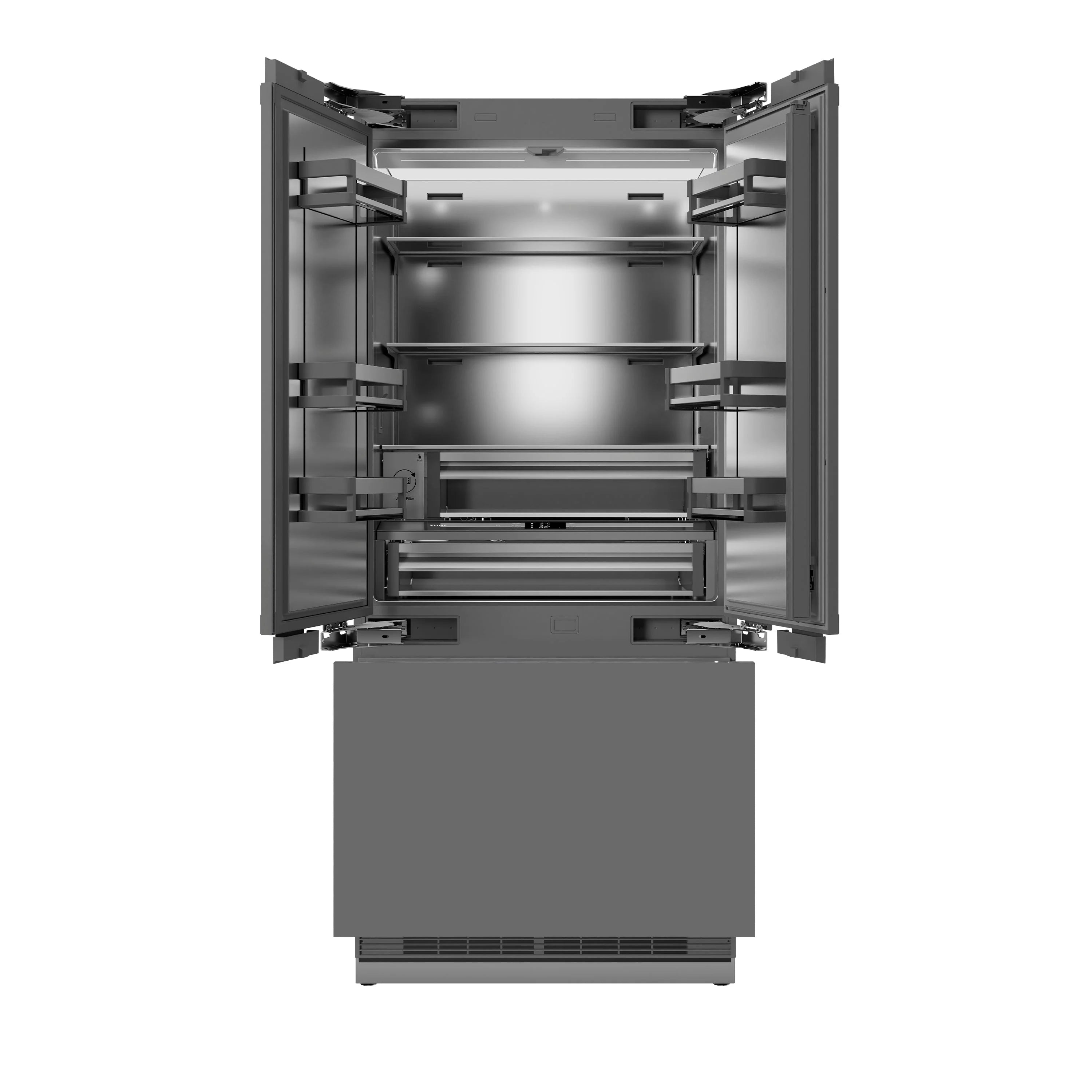 Built-in refrigerator open French doors showing adjustable shelves and bottom freezer drawers