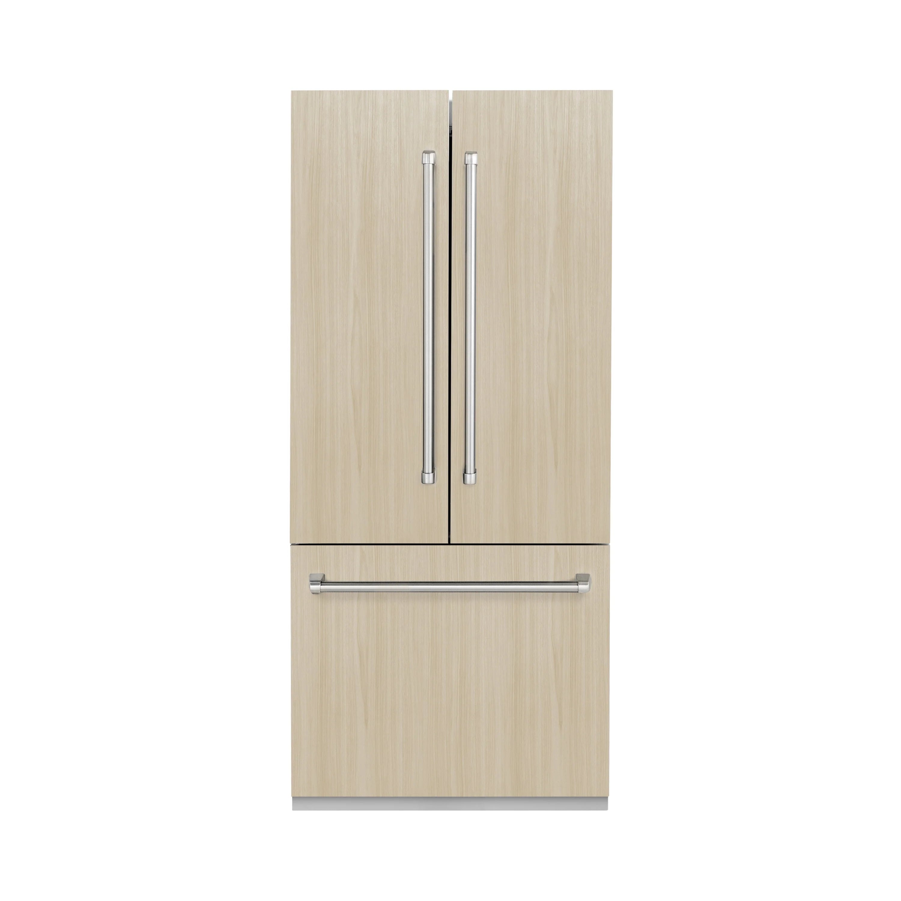 Panel-ready refrigerator wood door panels with stainless integrated pull handles