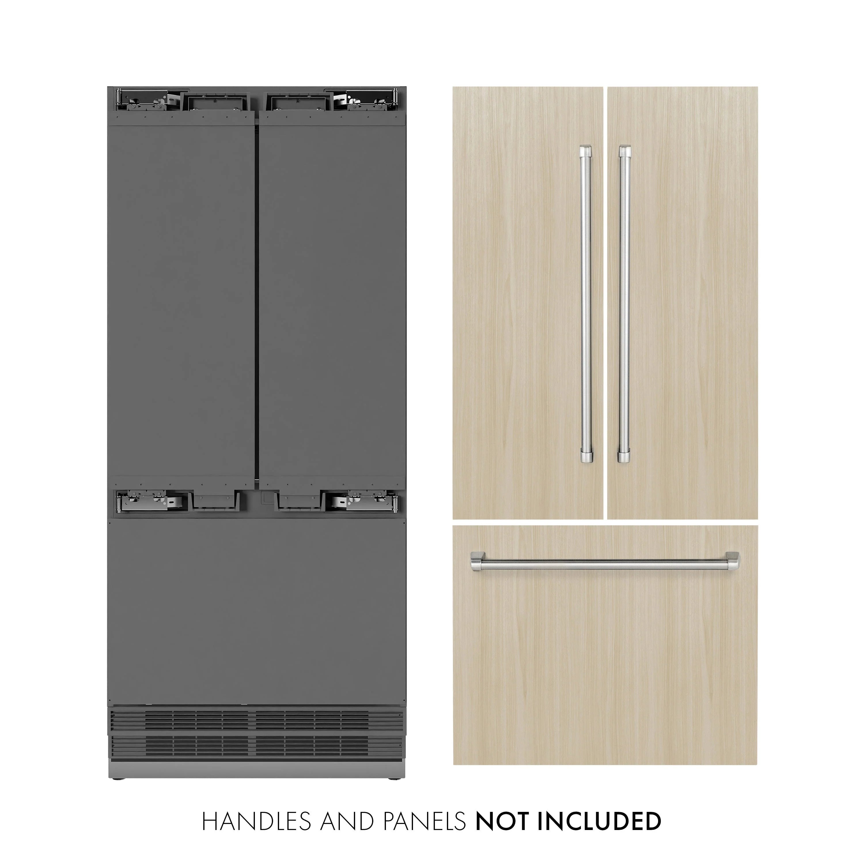 Panel-ready refrigerator wood panel template with stainless handle pulls; handles not included