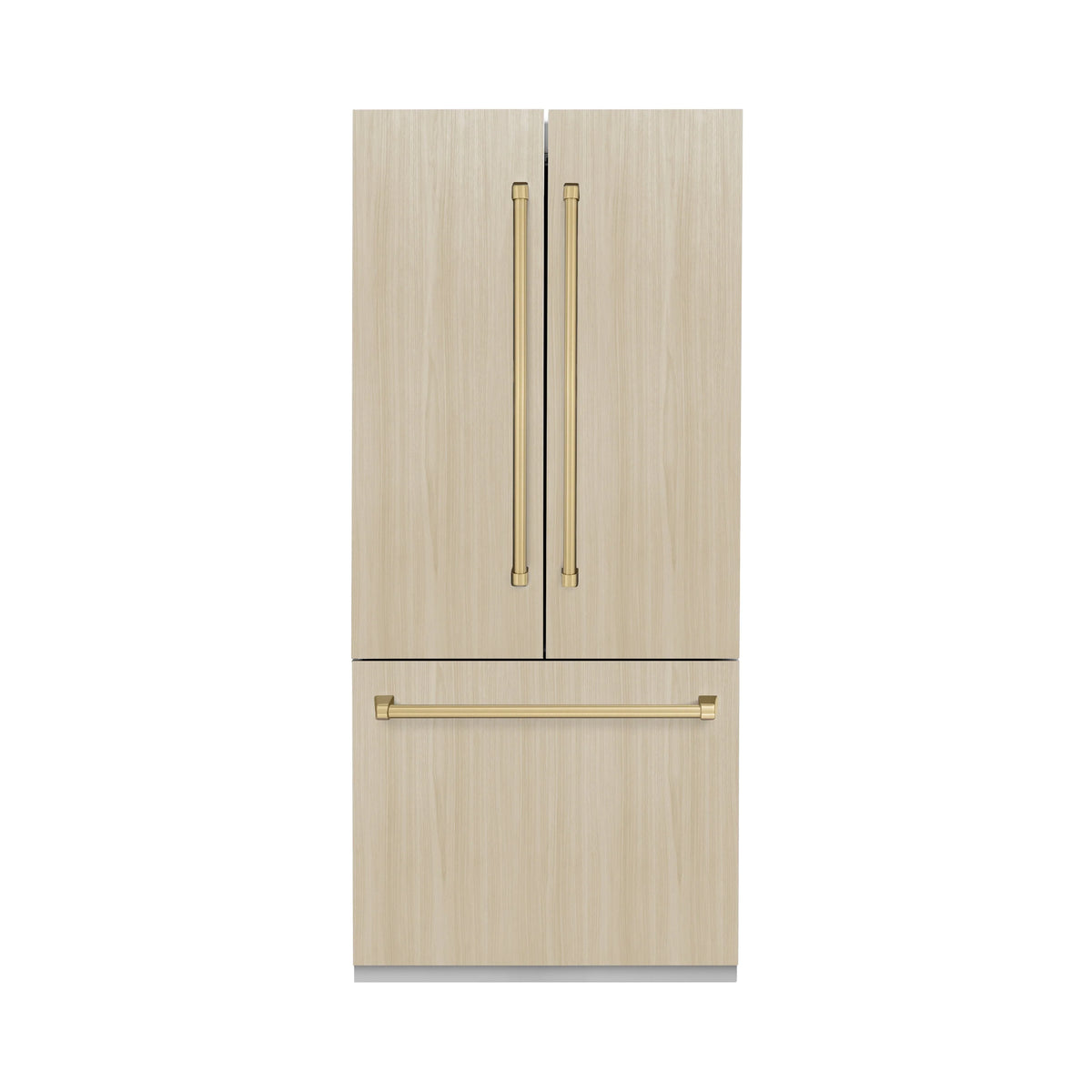 Panel-ready refrigerator front with light wood doors and matching bronze bar handles