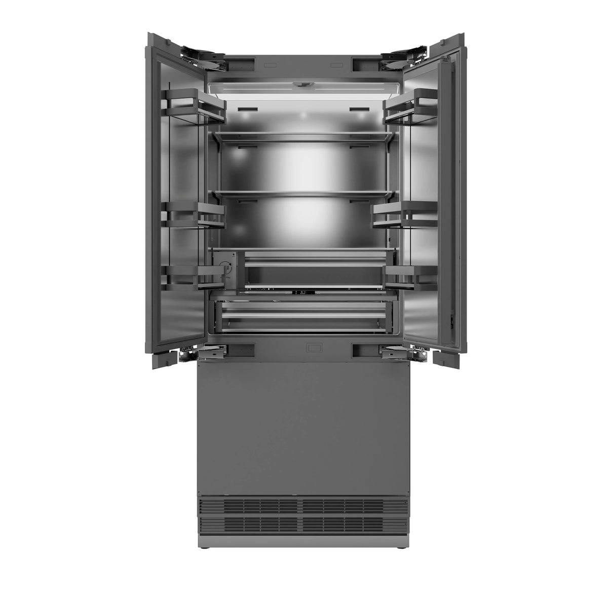 Built-in French door refrigerator open showing freezer drawers and interior shelves