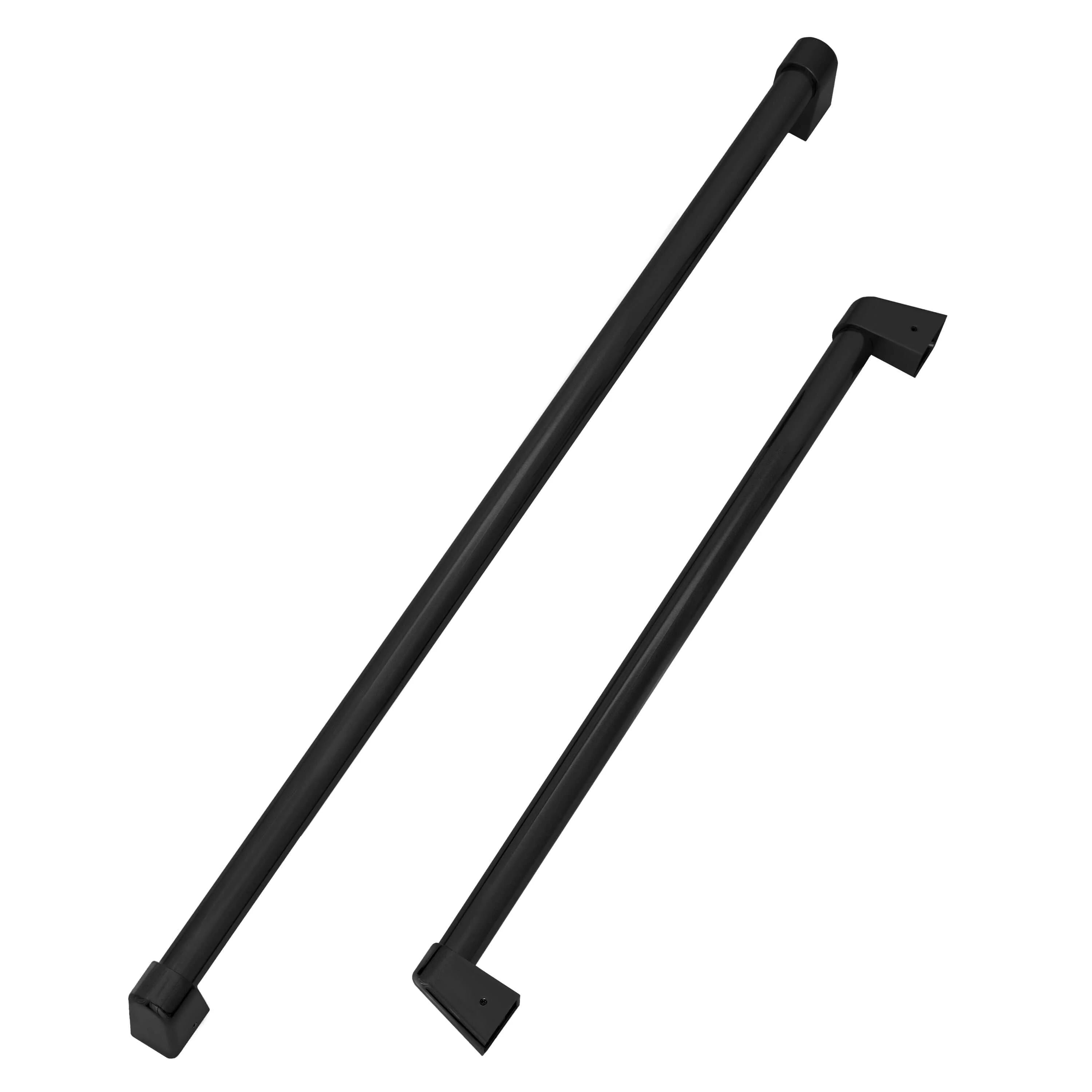 Two matte black refrigerator door handles with mounting tabs