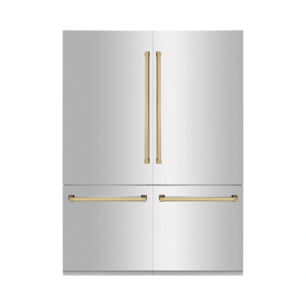 ZLINE 60-Inch Autograph Edition Built-In 32.2 cu. ft. 4-Door French Door Refrigerator with Internal Water and Ice Dispenser in Stainless Steel with Gold Accents (RBIVZ-304-60-G)