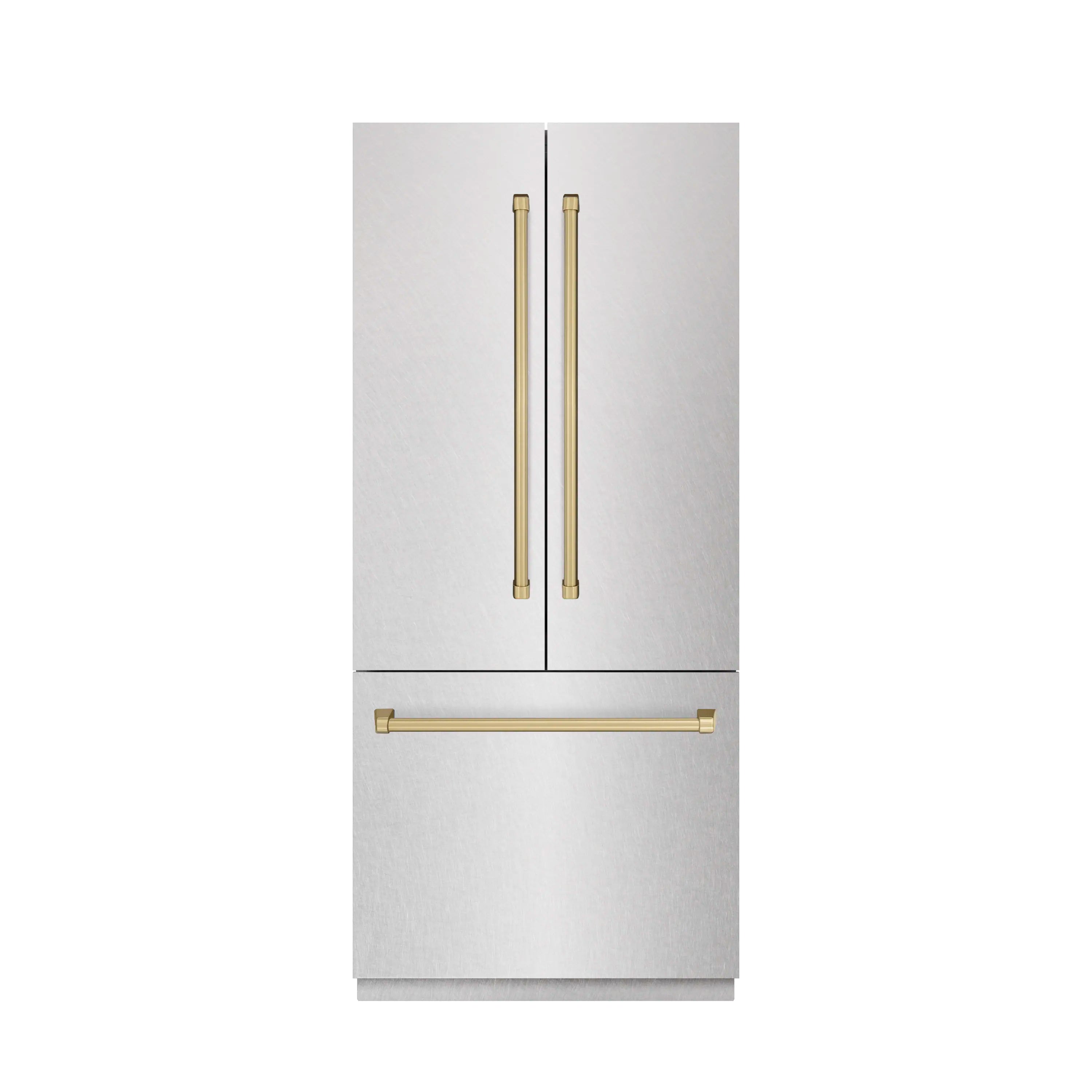 French door refrigerator front with satin stainless finish and champagne bronze handles