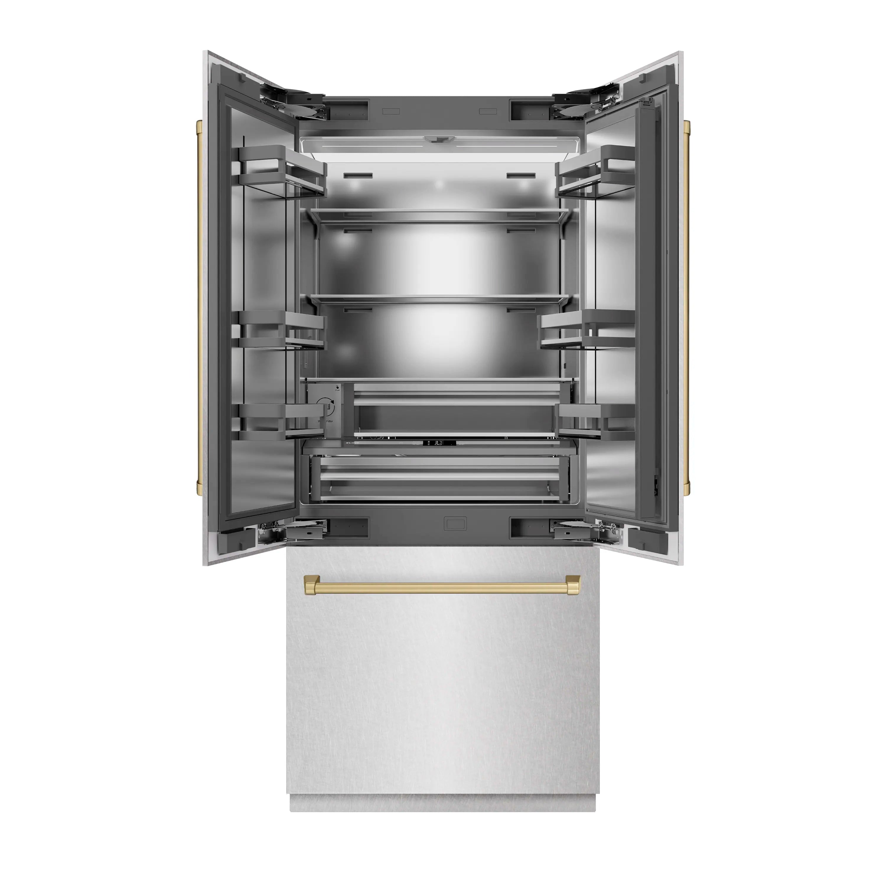 Bottom freezer refrigerator interior with adjustable shelves and champagne bronze handle accents