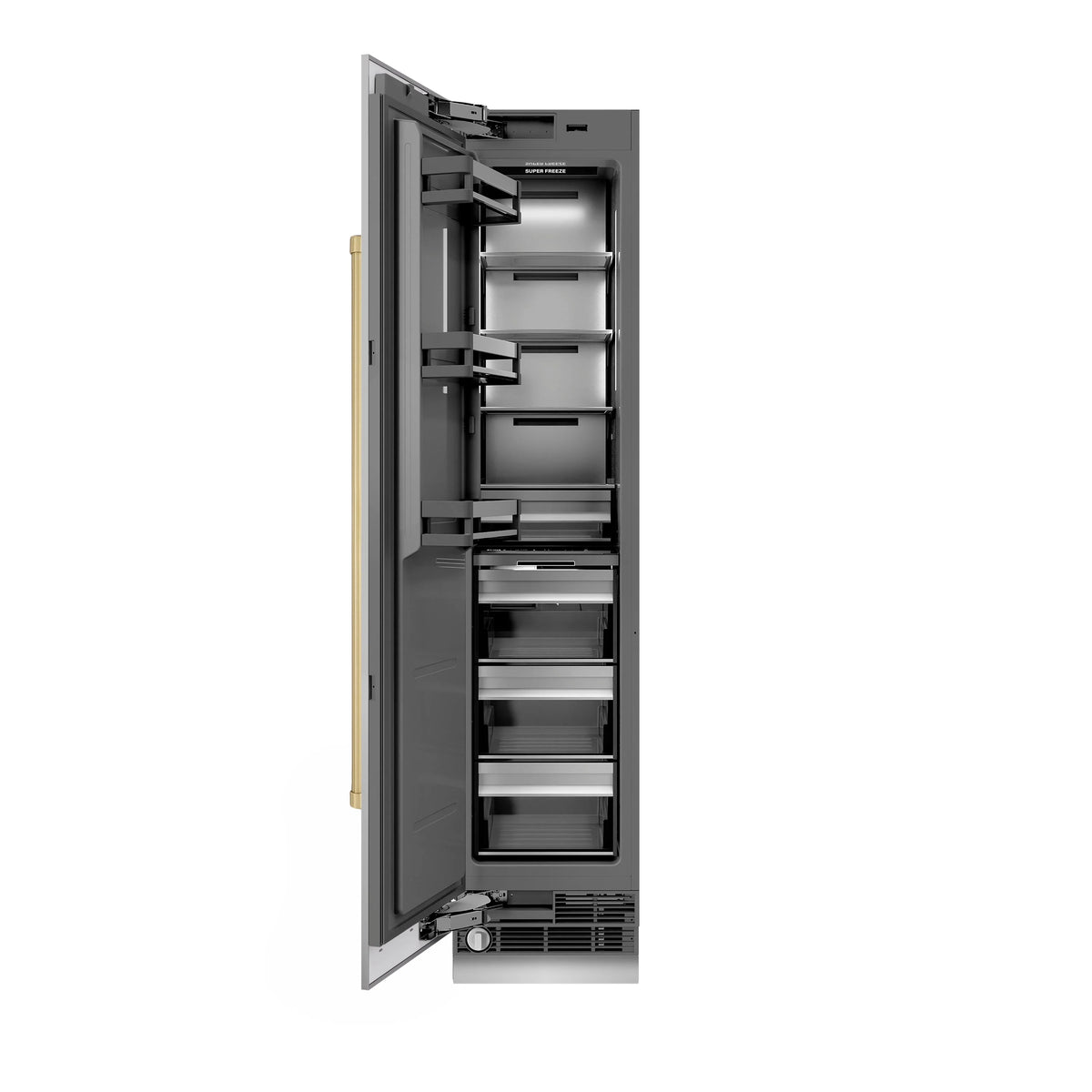 Column freezer with door open, wire shelves, and left-hinge interior layout