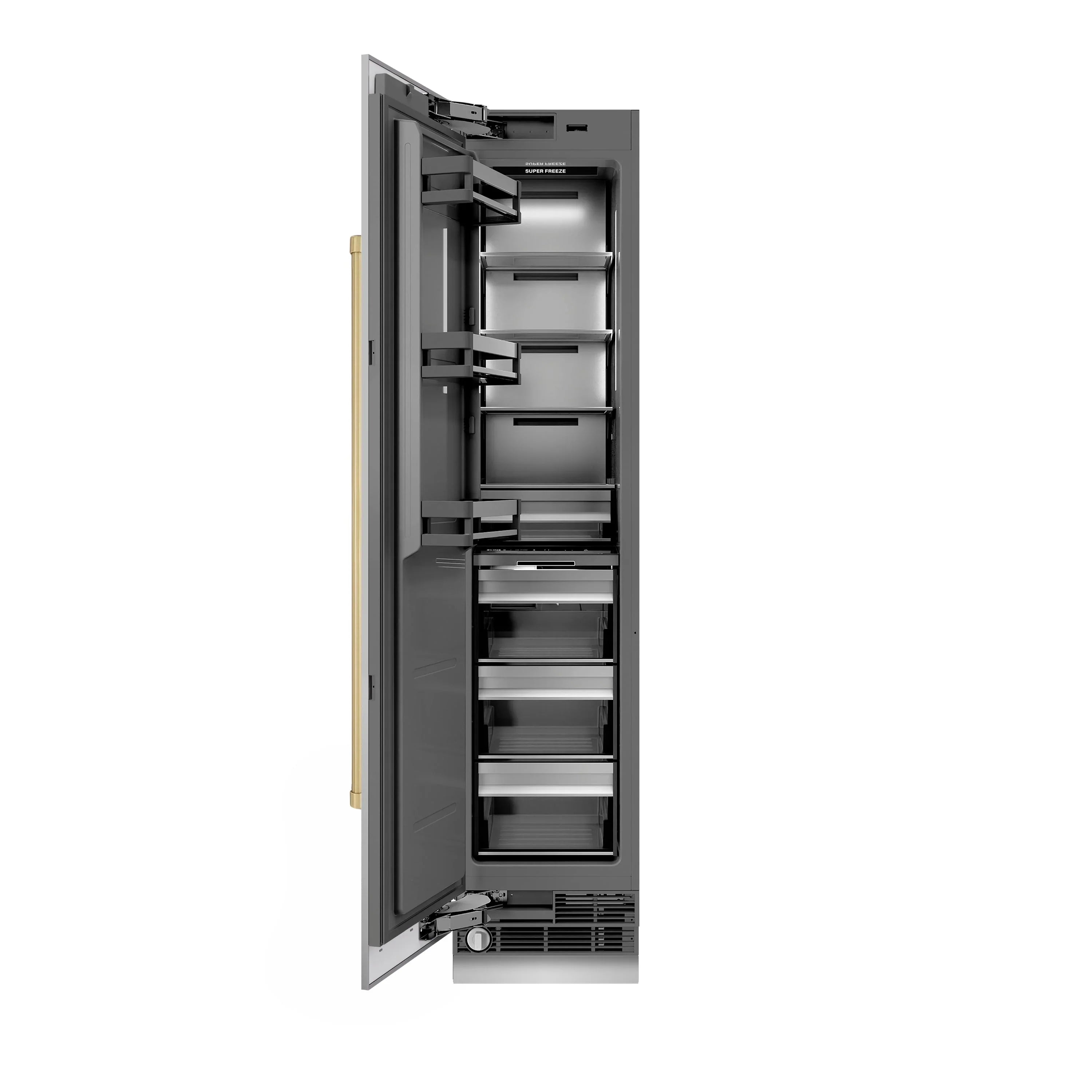 Refrigerator-freezer with door open, showing interior shelves and freezer bins.