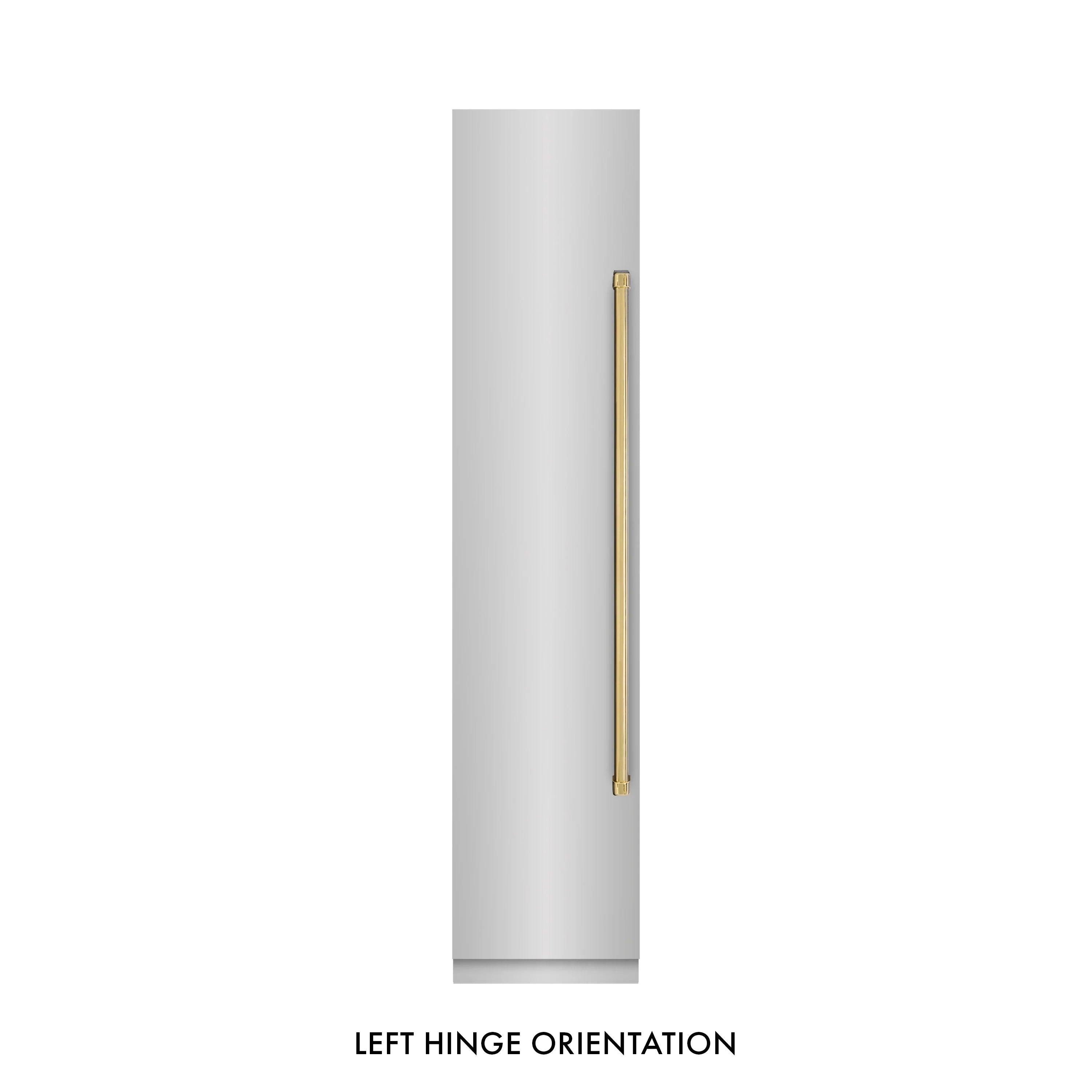 Refrigerator door with gold vertical handle and left hinge orientation