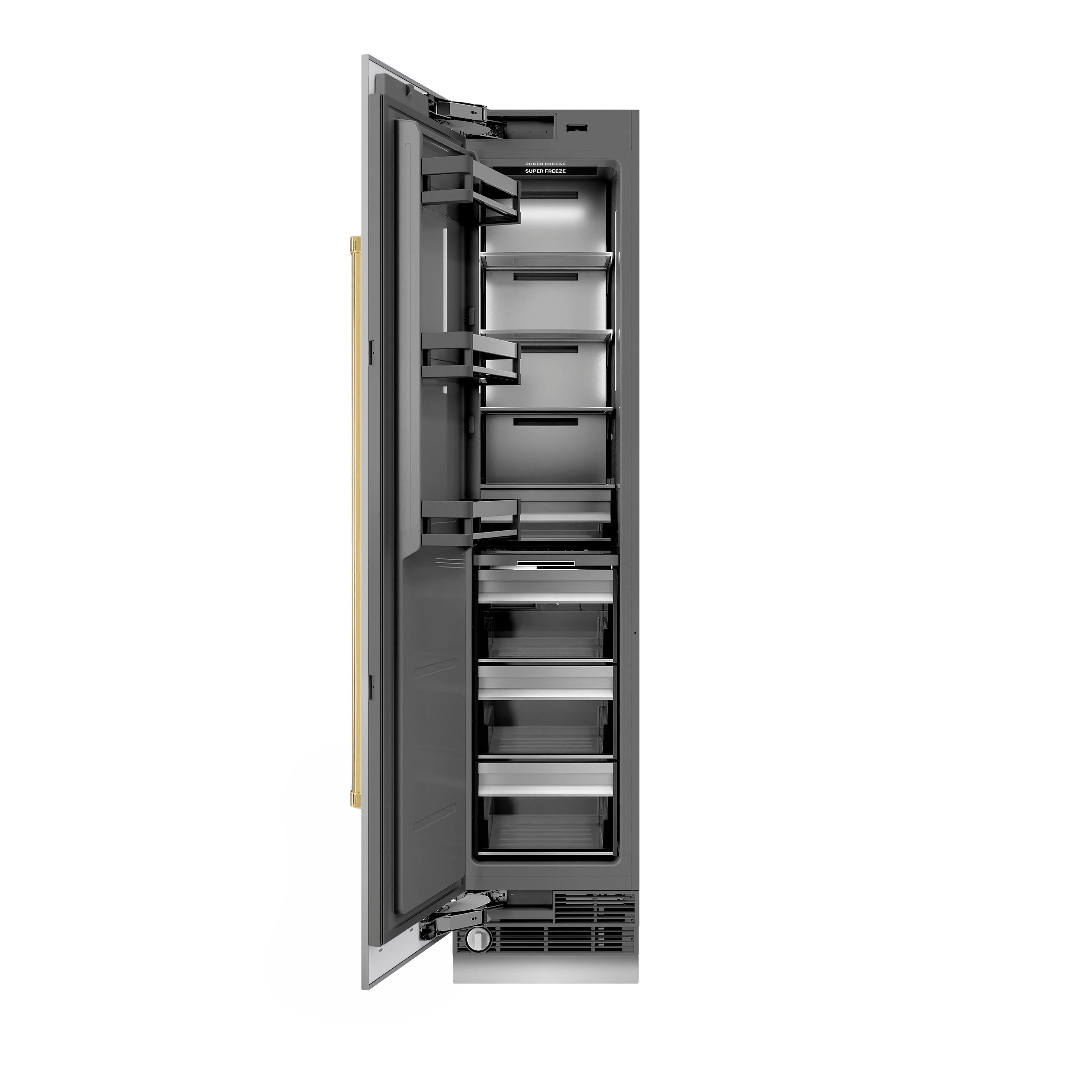 Column freezer door open view showing interior shelves and graphite gray cabinet