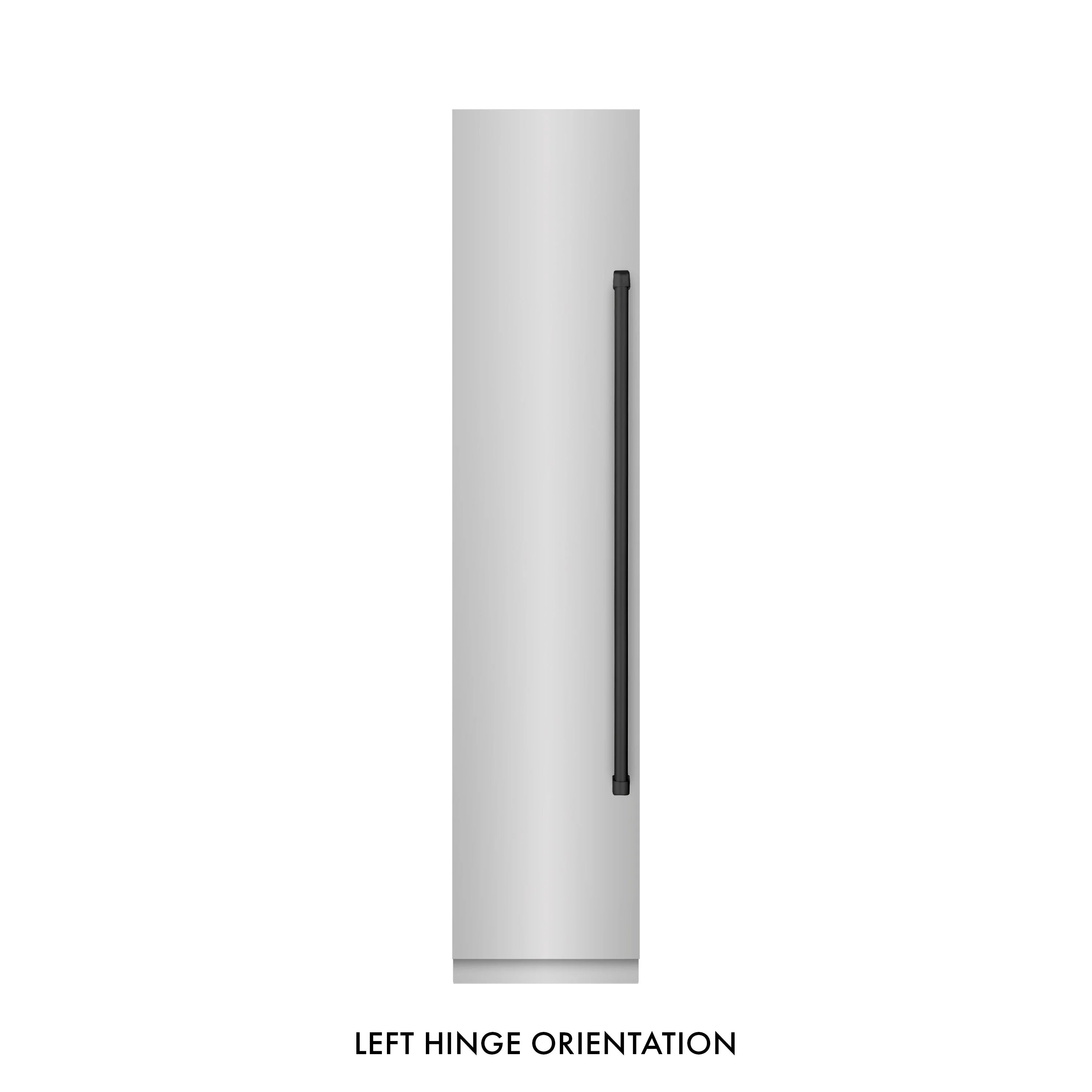 Stainless freezer door panel with slim vertical handle and left-hinge orientation