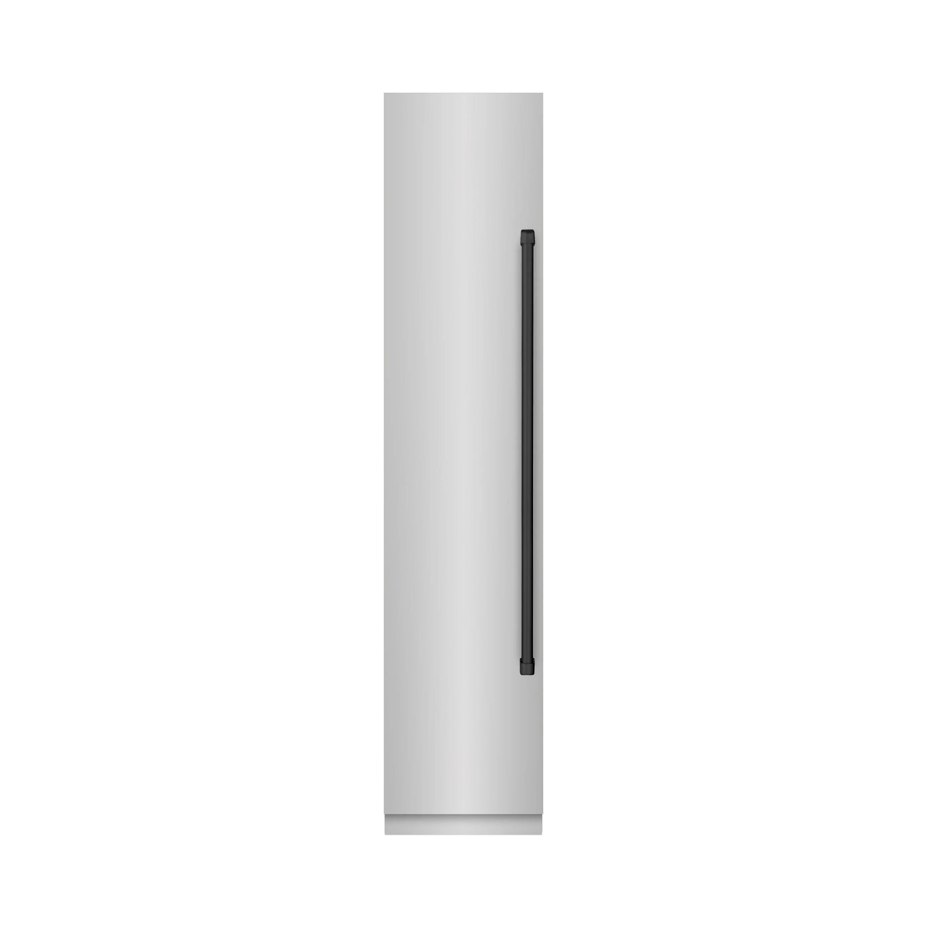 Stainless freezer door panel with slim vertical handle and right-hinge area