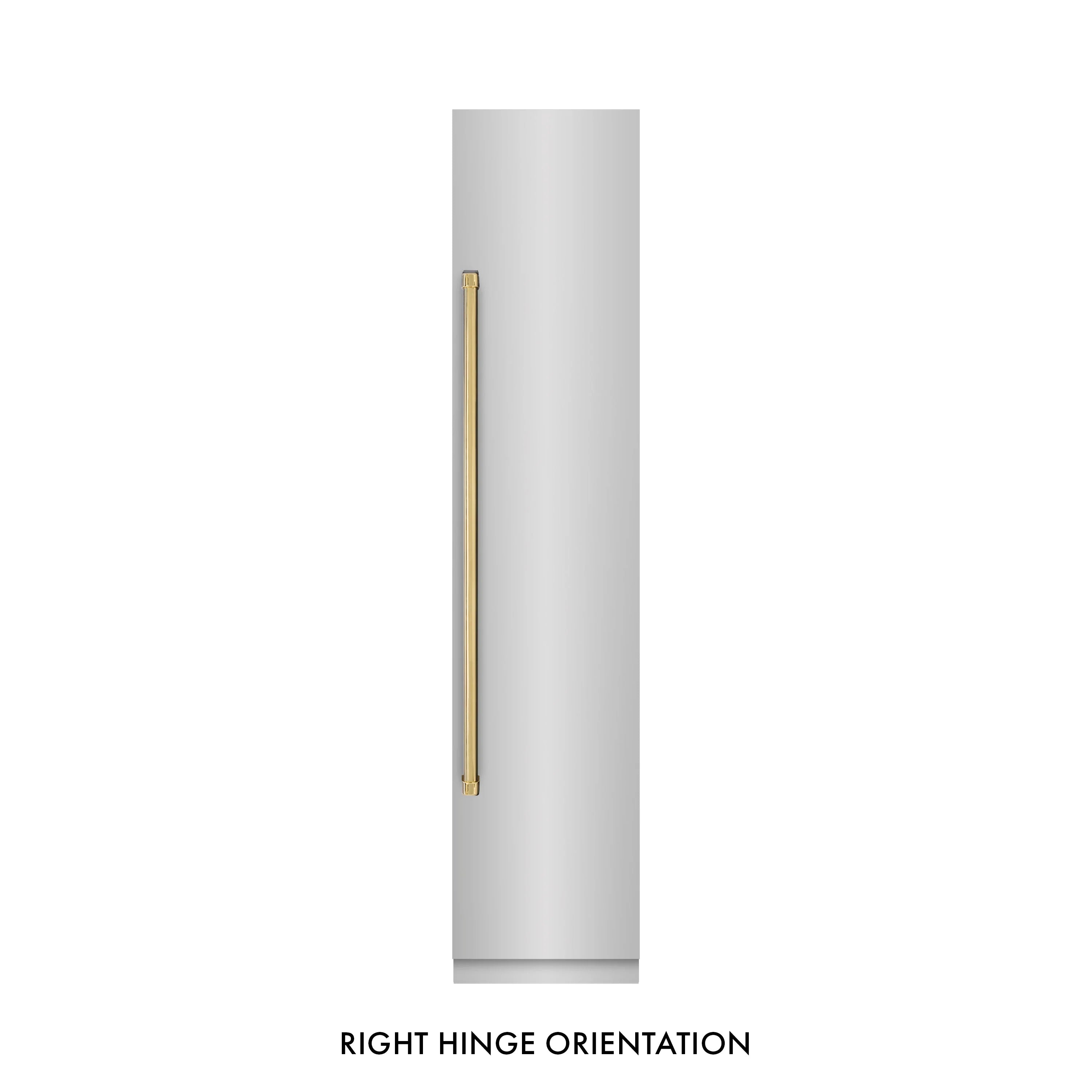 Right hinge orientation detail with polished gold handle bar on door panel