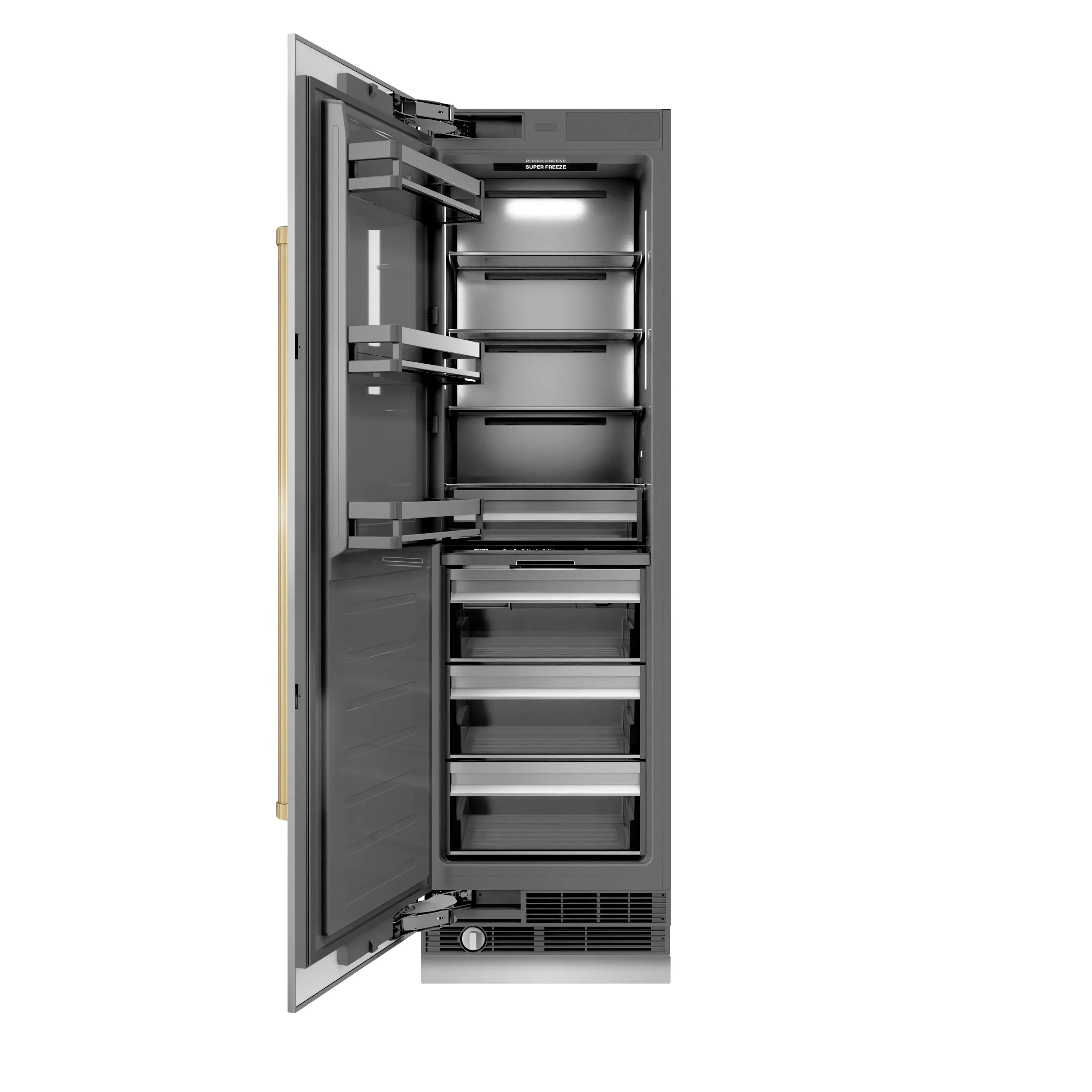 Stainless steel refrigerator and freezer interior with shelves and drawers, open door
