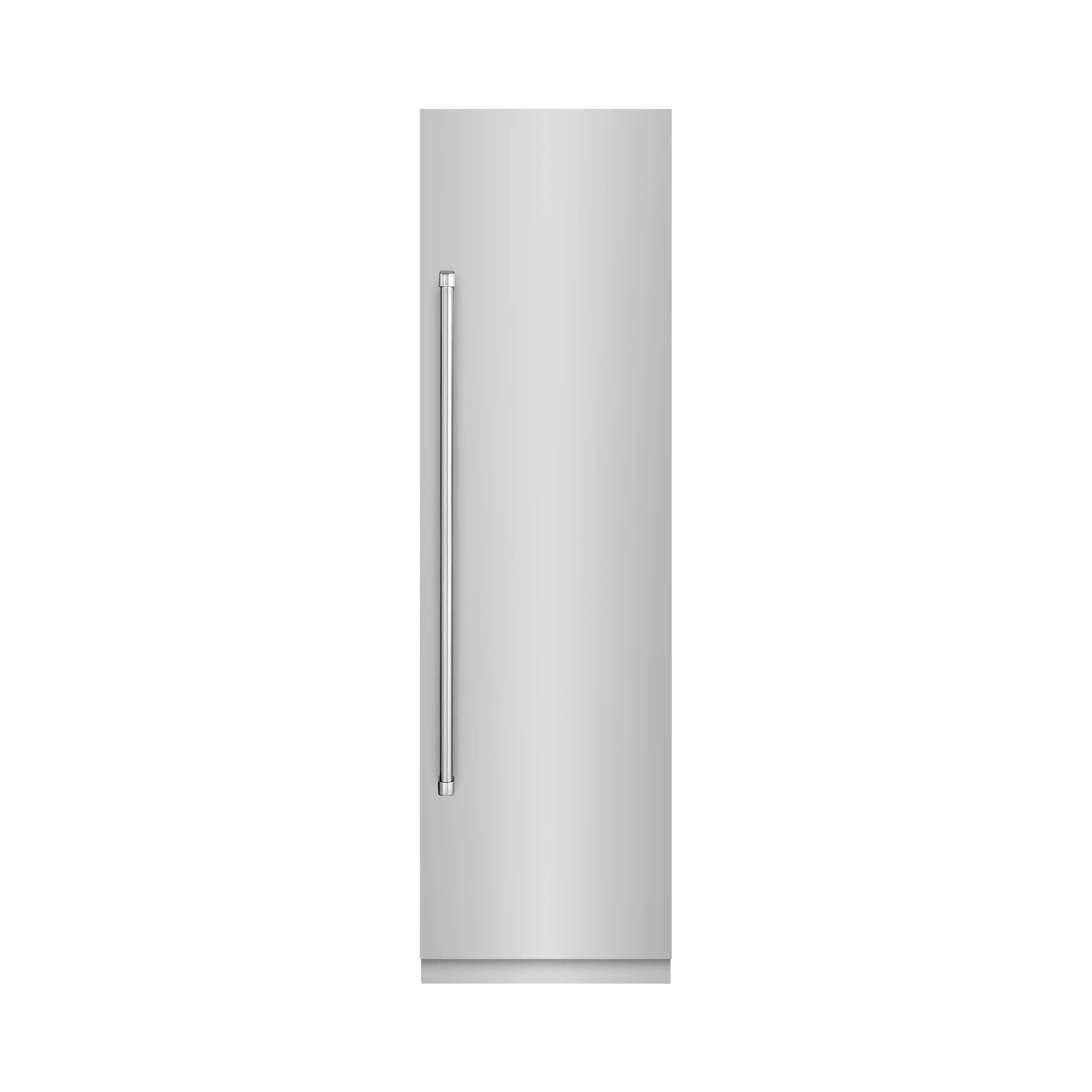 Stainless steel column refrigerator with vertical handle and smooth flat door.