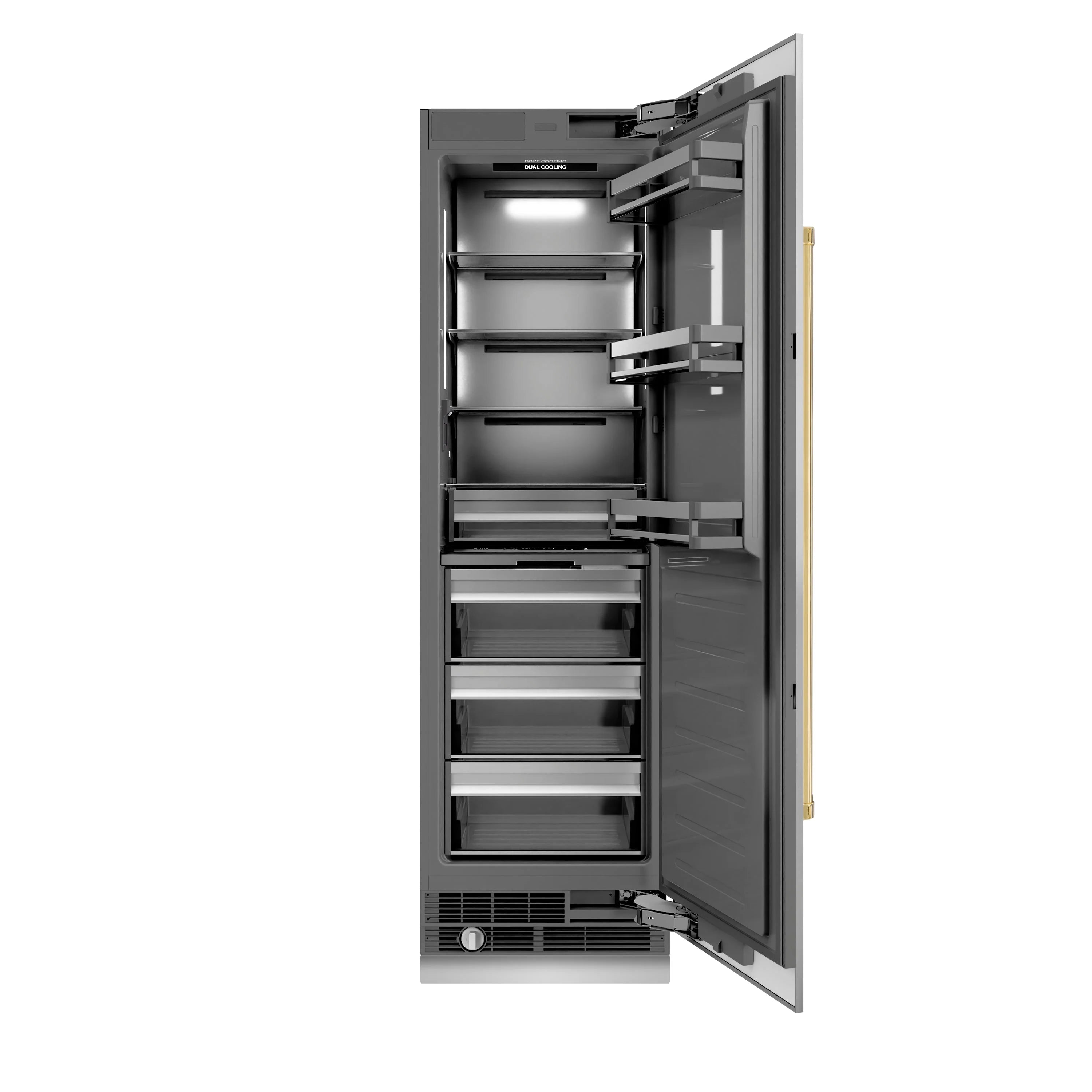 Stainless steel column refrigerator with door open showing interior shelves and crisper drawers