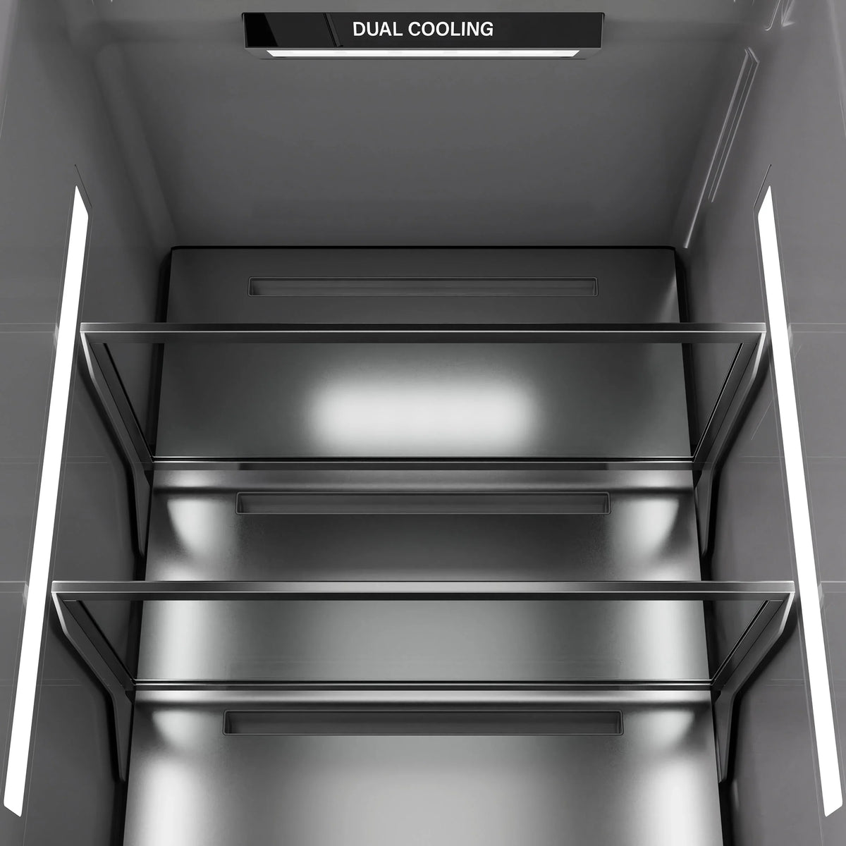 Refrigerator interior with dual cooling vent and bright overhead light