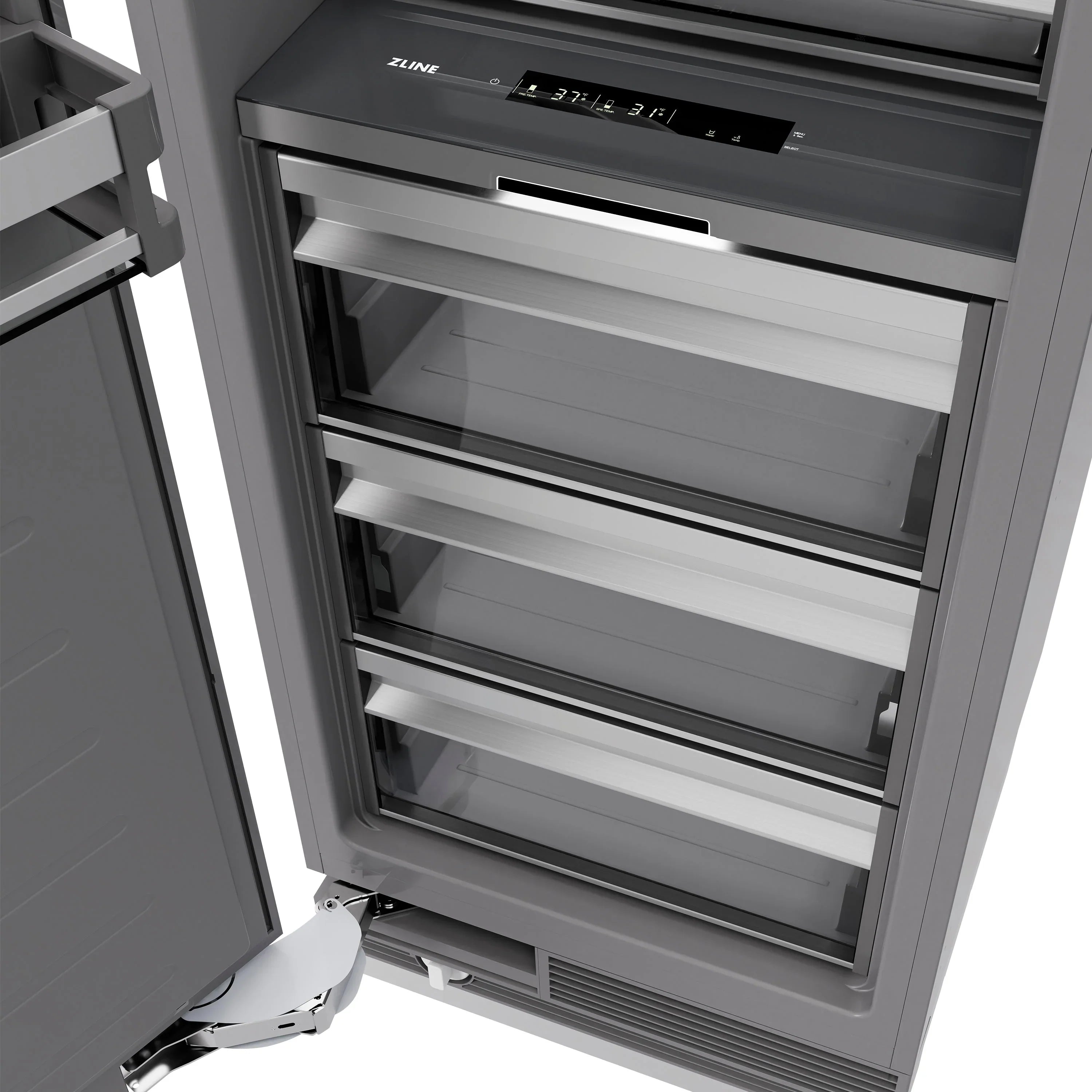 Freezer door interior with pull-out shelves and black control display panel