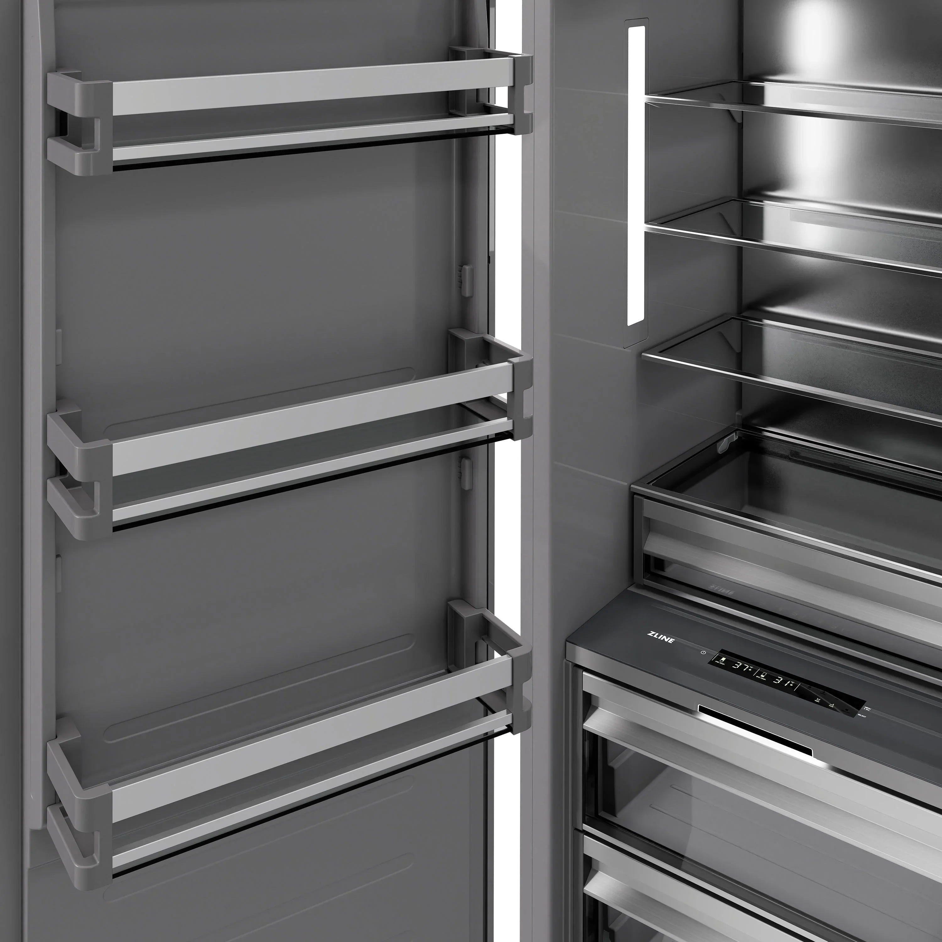 Refrigerator interior with stacked shelves and LED-style vertical light bars