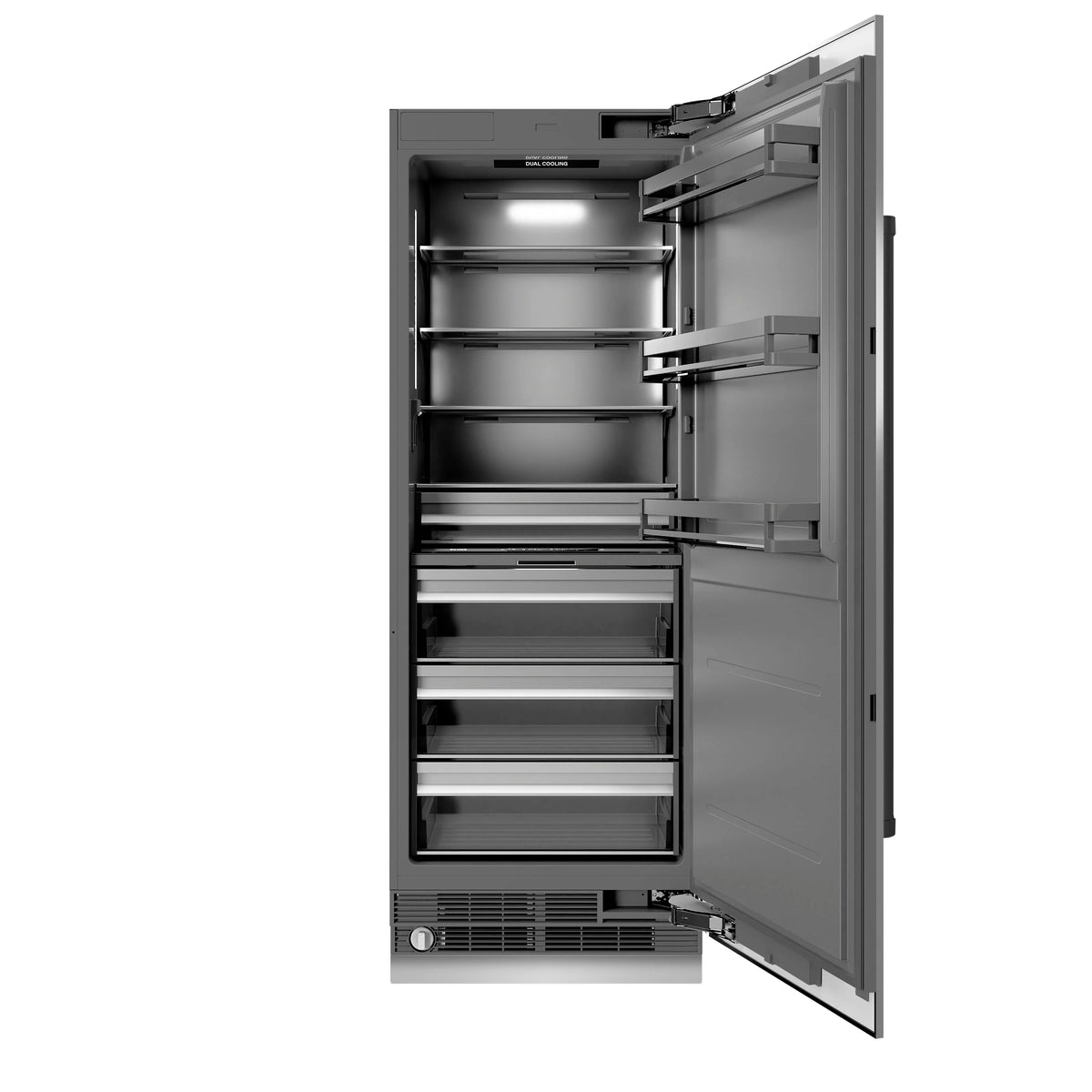 Stainless steel column refrigerator with door open and multiple interior shelves