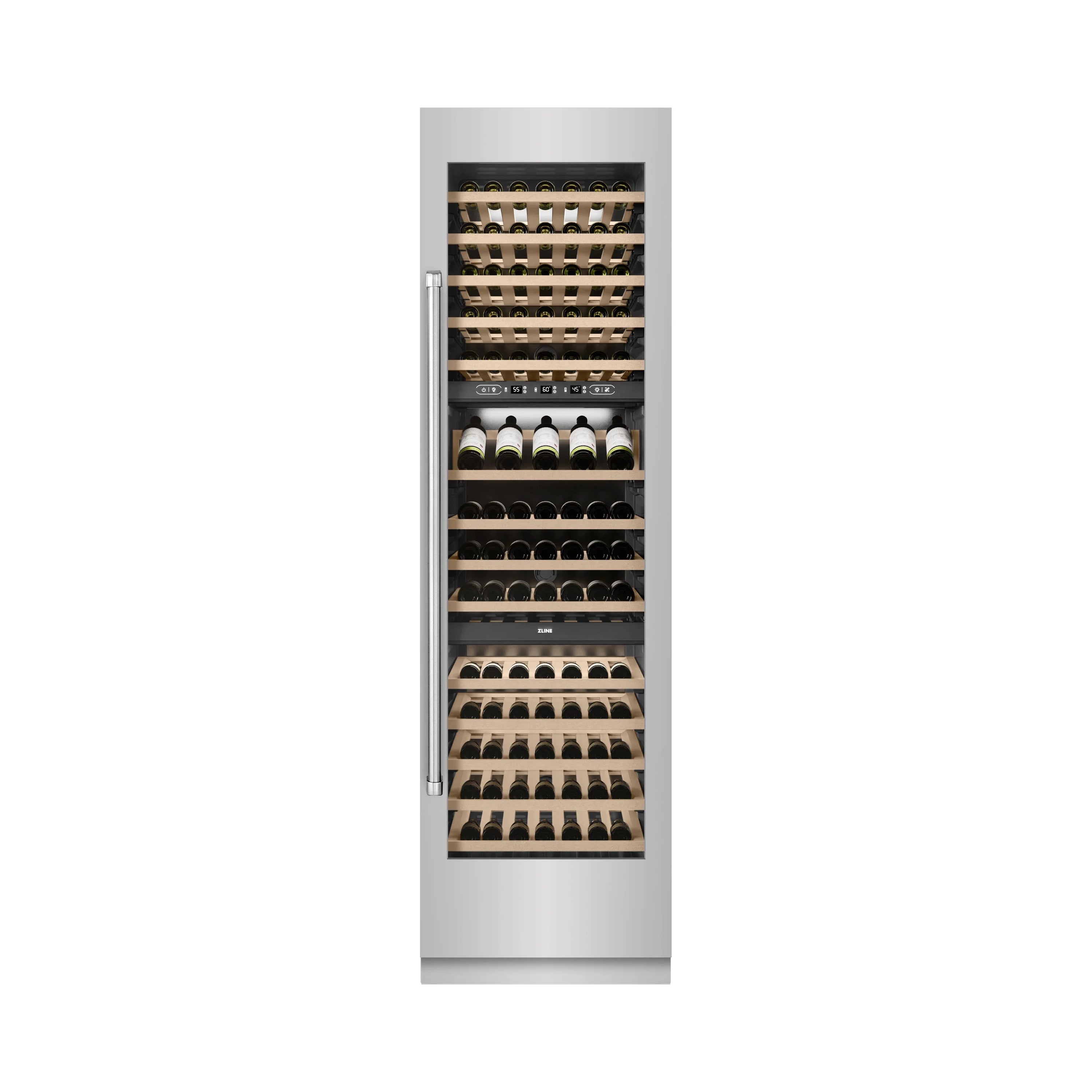 Built-in wine cooler door-open view with bottles on wooden racks inside