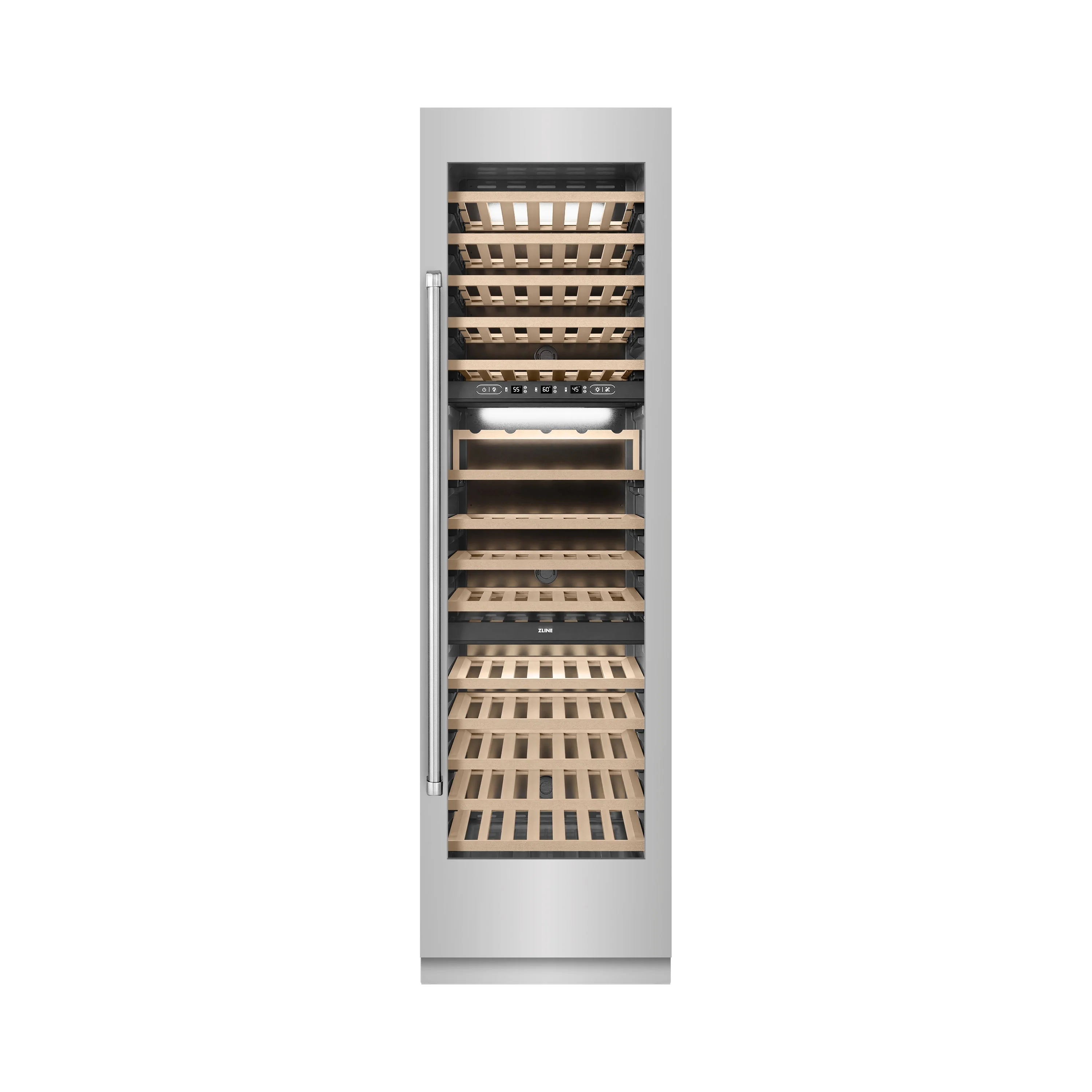 Built-in wine cooler door-open view with empty wooden racks inside