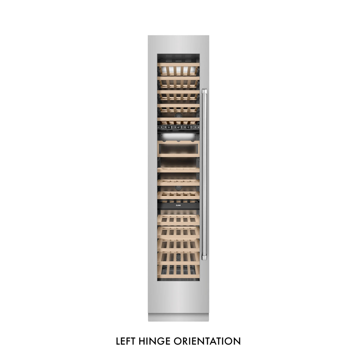 Stainless wine cooler angled view highlighting left-hinged door swing and interior racks