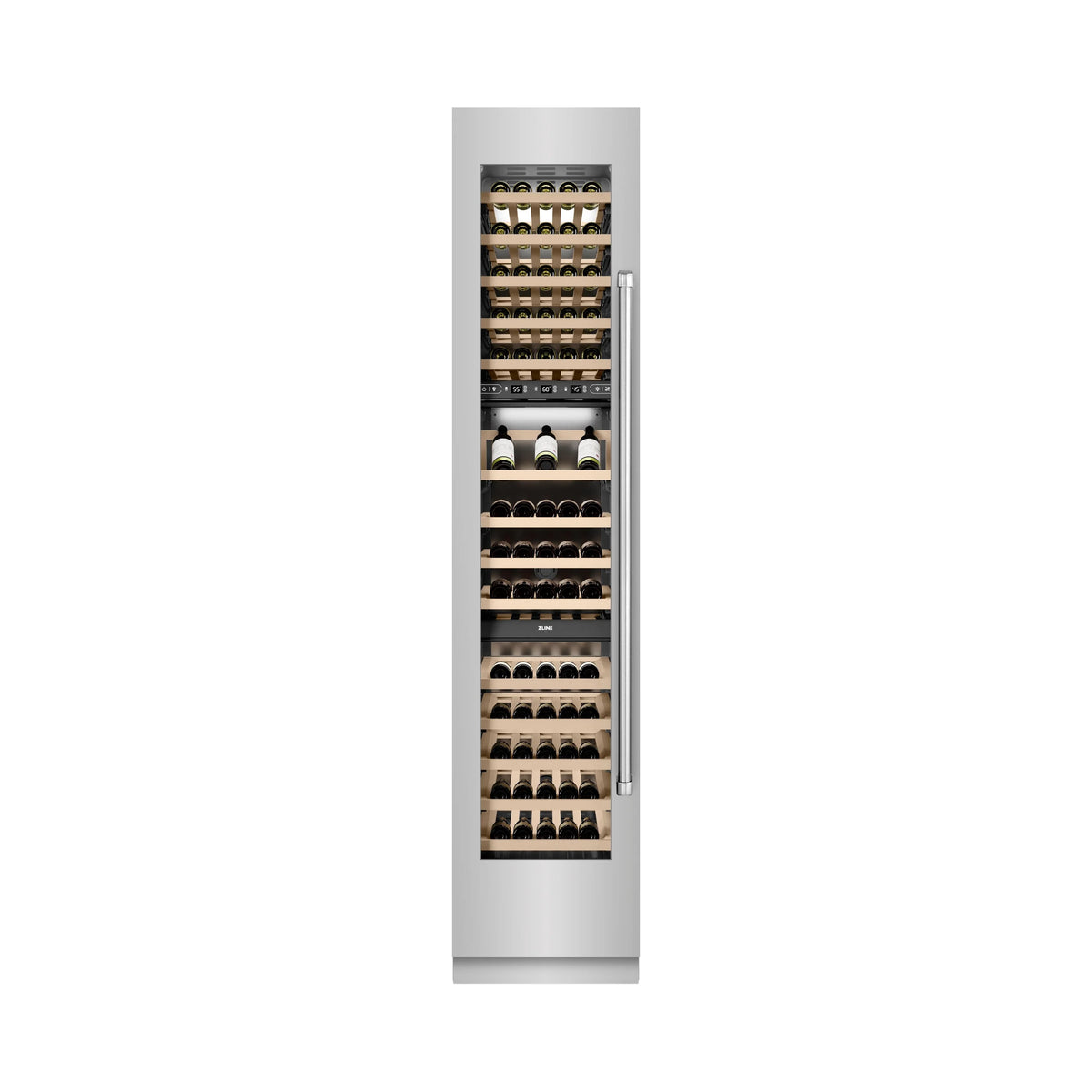 Stainless wine cooler front view with bottles on shelves and left-hinged door