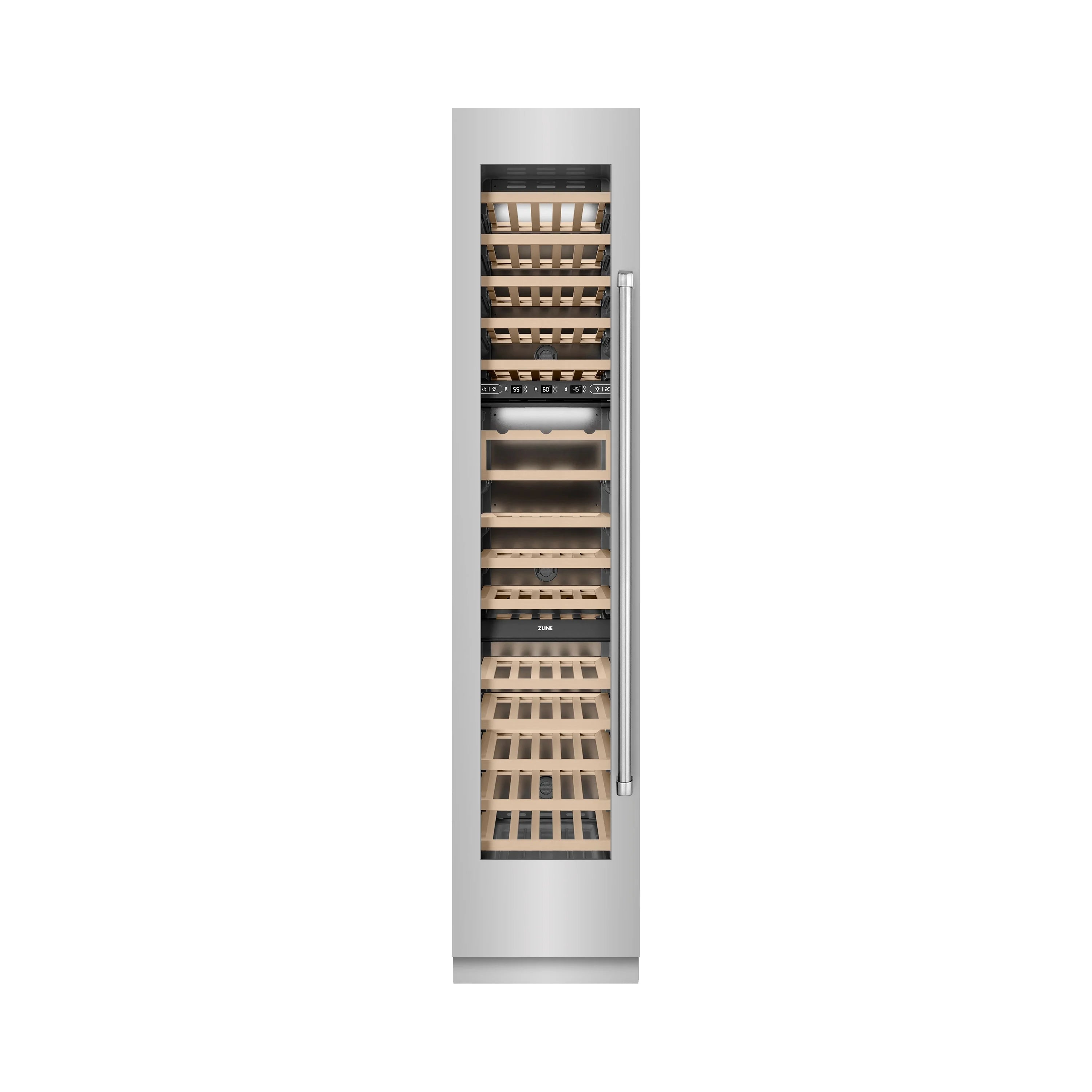 Stainless built-in wine cooler front view with left-hinged door and interior racks