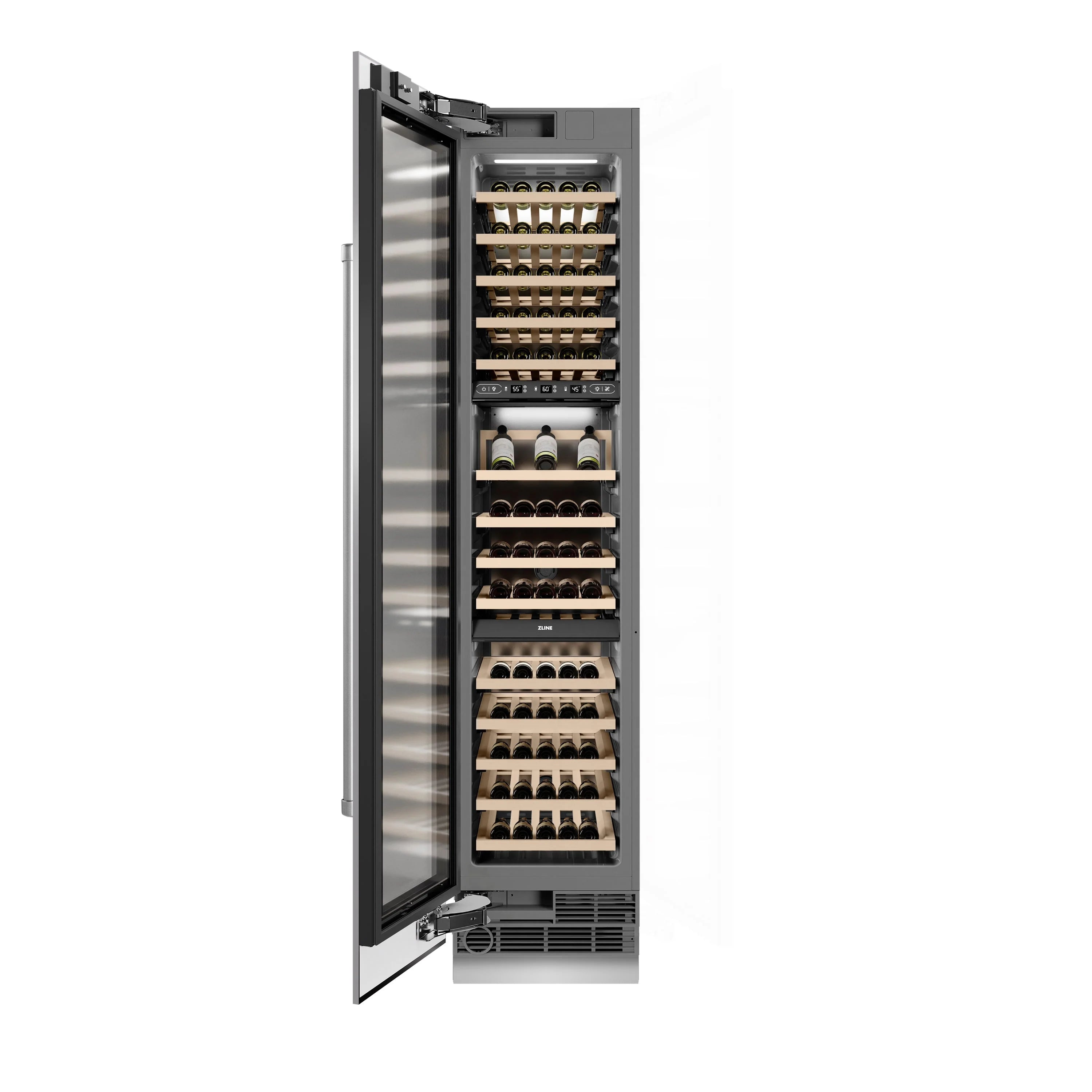 Stainless steel wine cooler with open left-hinge door and triple-zone bottle shelves