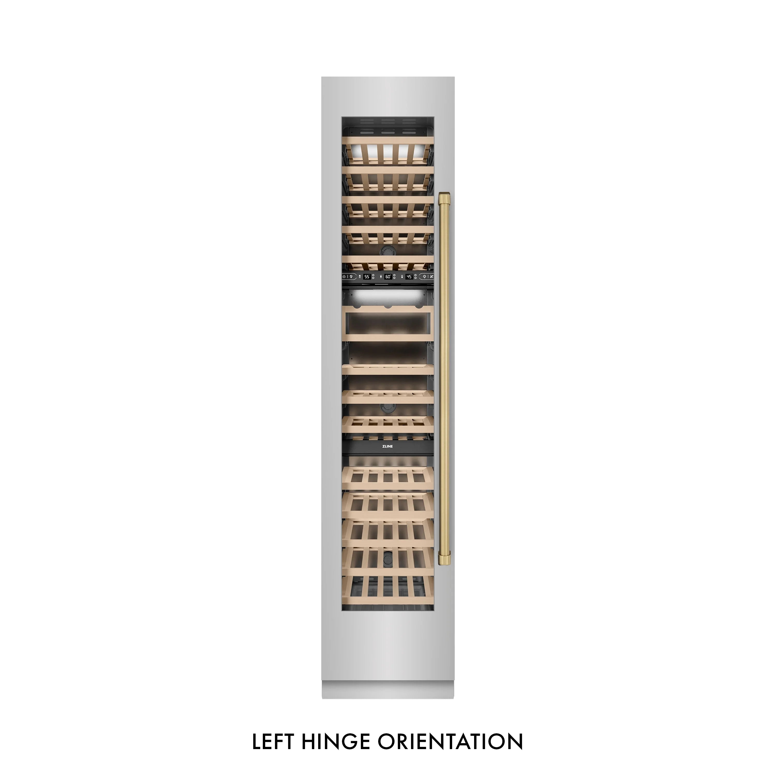 Left-hinge wine cooler with door open, showing stacked wooden bottle cradles