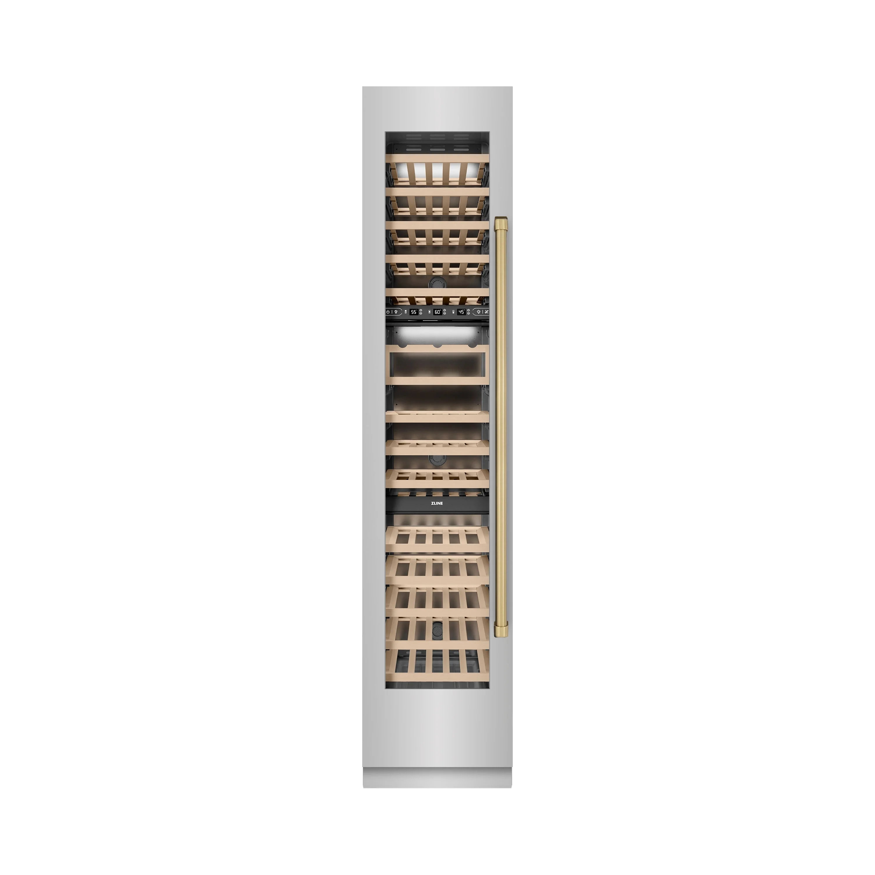 Built-in left-hinge wine cooler with door open and wooden bottle storage racks