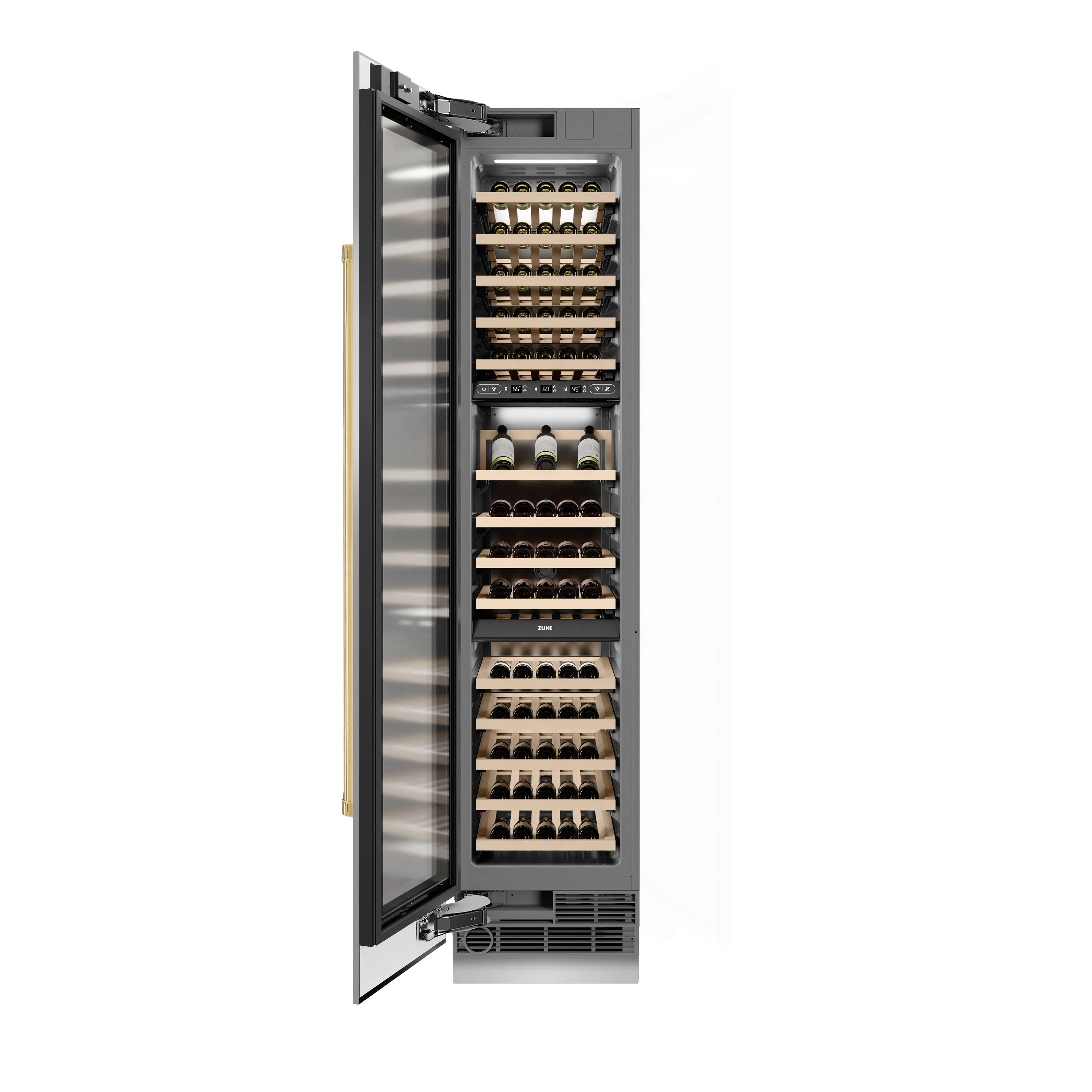 Stainless steel wine cooler with door open, gold handle, and bottle racks on shelves