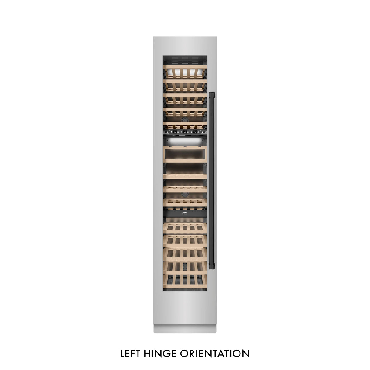 Built-in wine cooler left-hinged door with glass opening and wooden wine racks