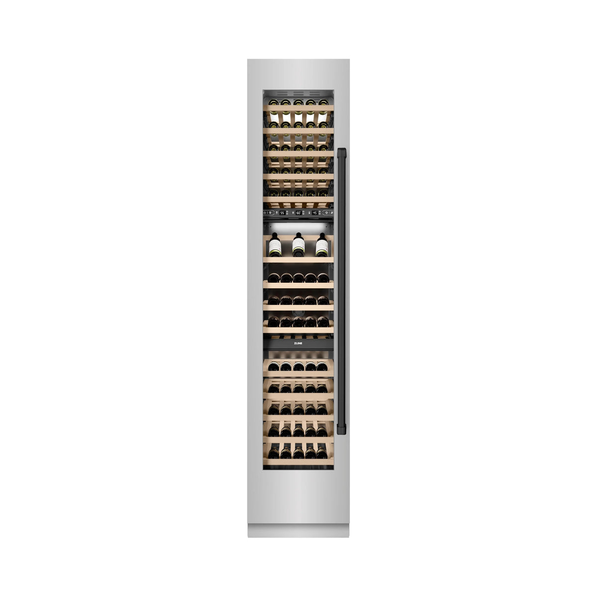 Built-in wine cooler with front glass door and stacked wooden wine racks