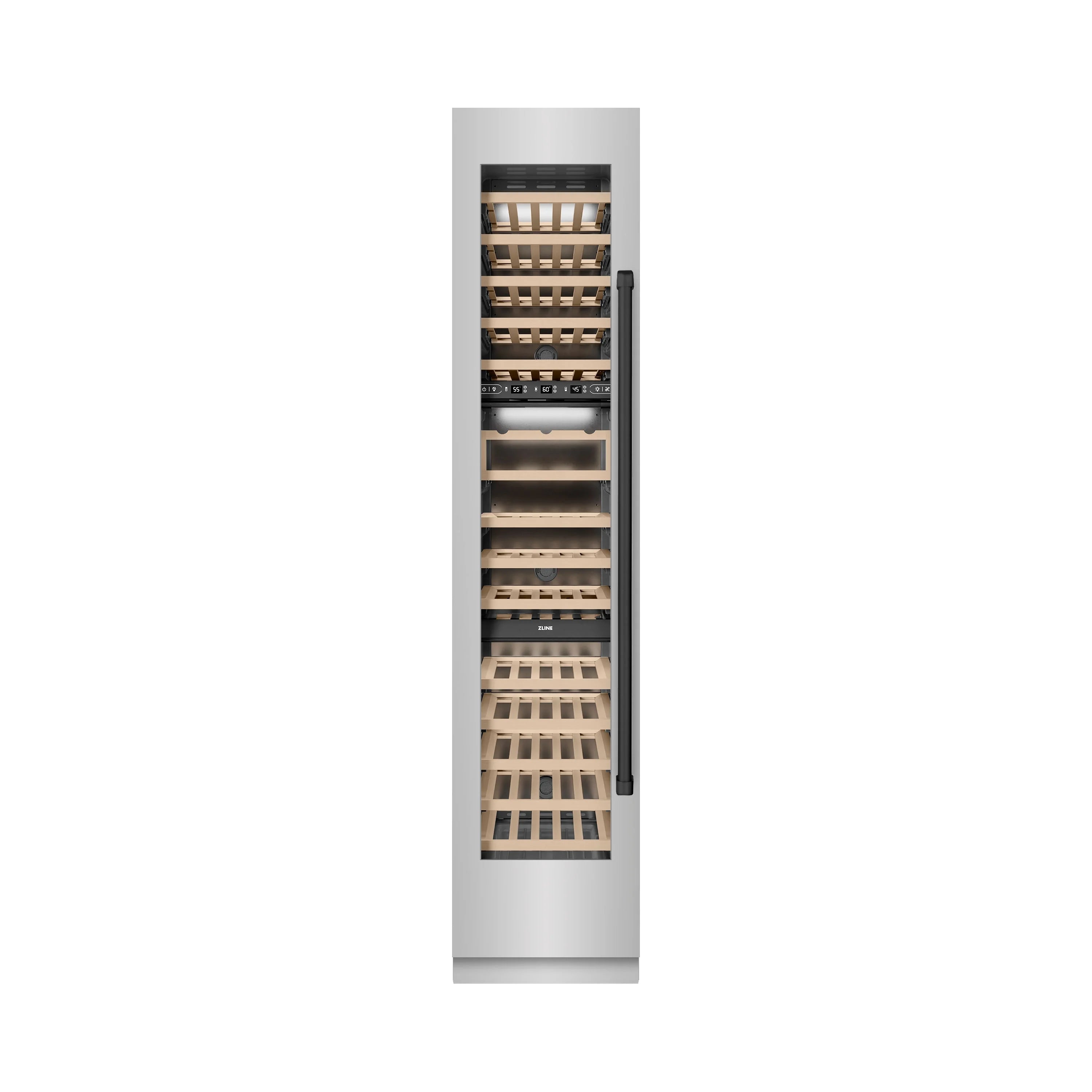 Built-in wine cooler with left-hinged door showing stacked wooden wine racks