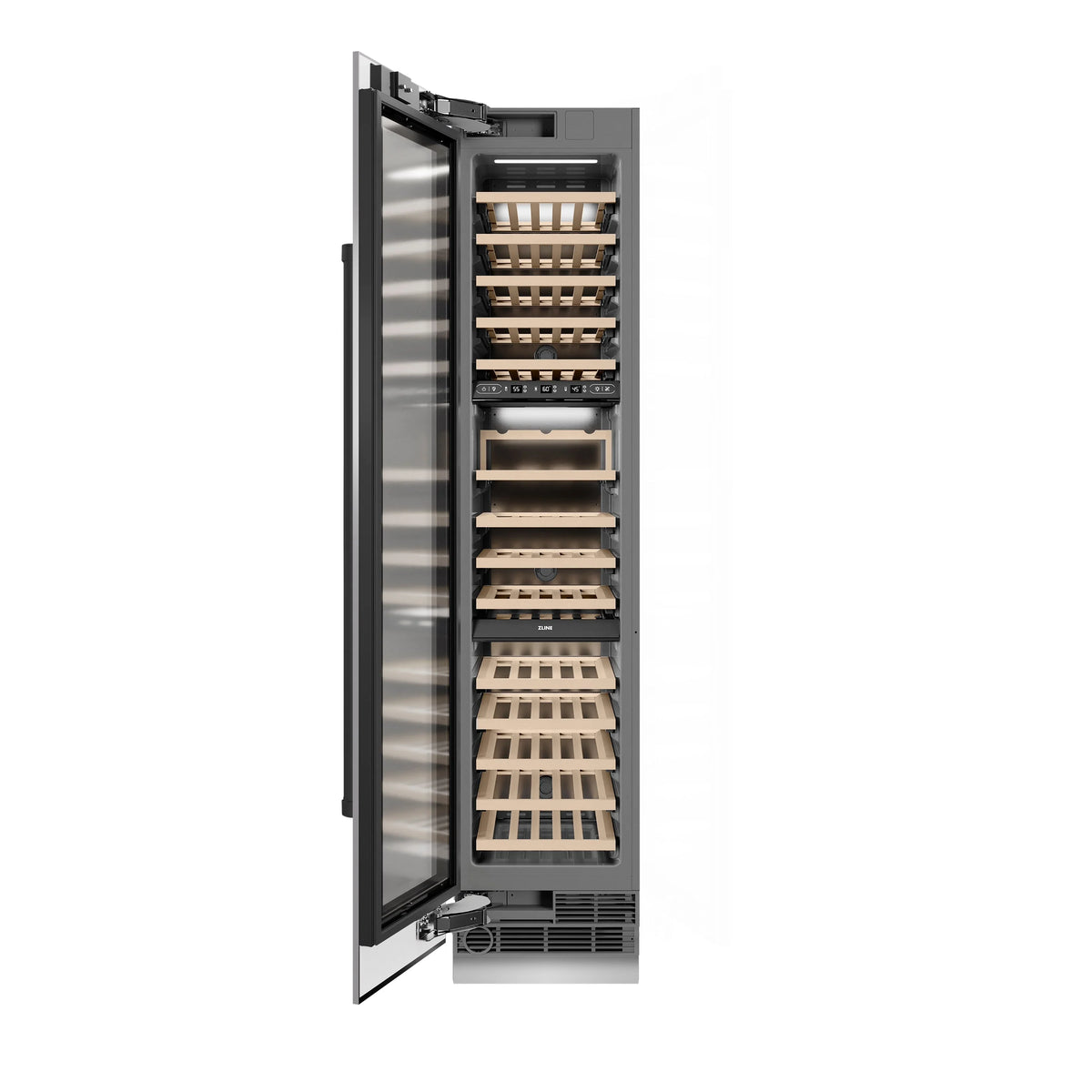 Wine cooler with open door revealing interior wooden racks for bottle storage