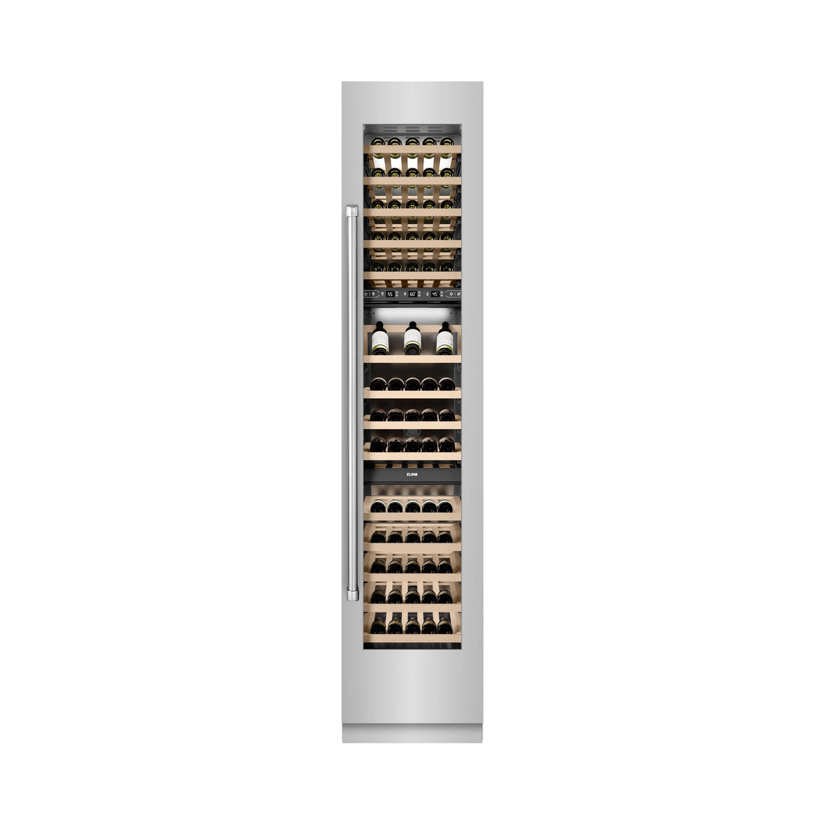 Built-in wine cooler door open with multiple wooden shelves storing wine bottles