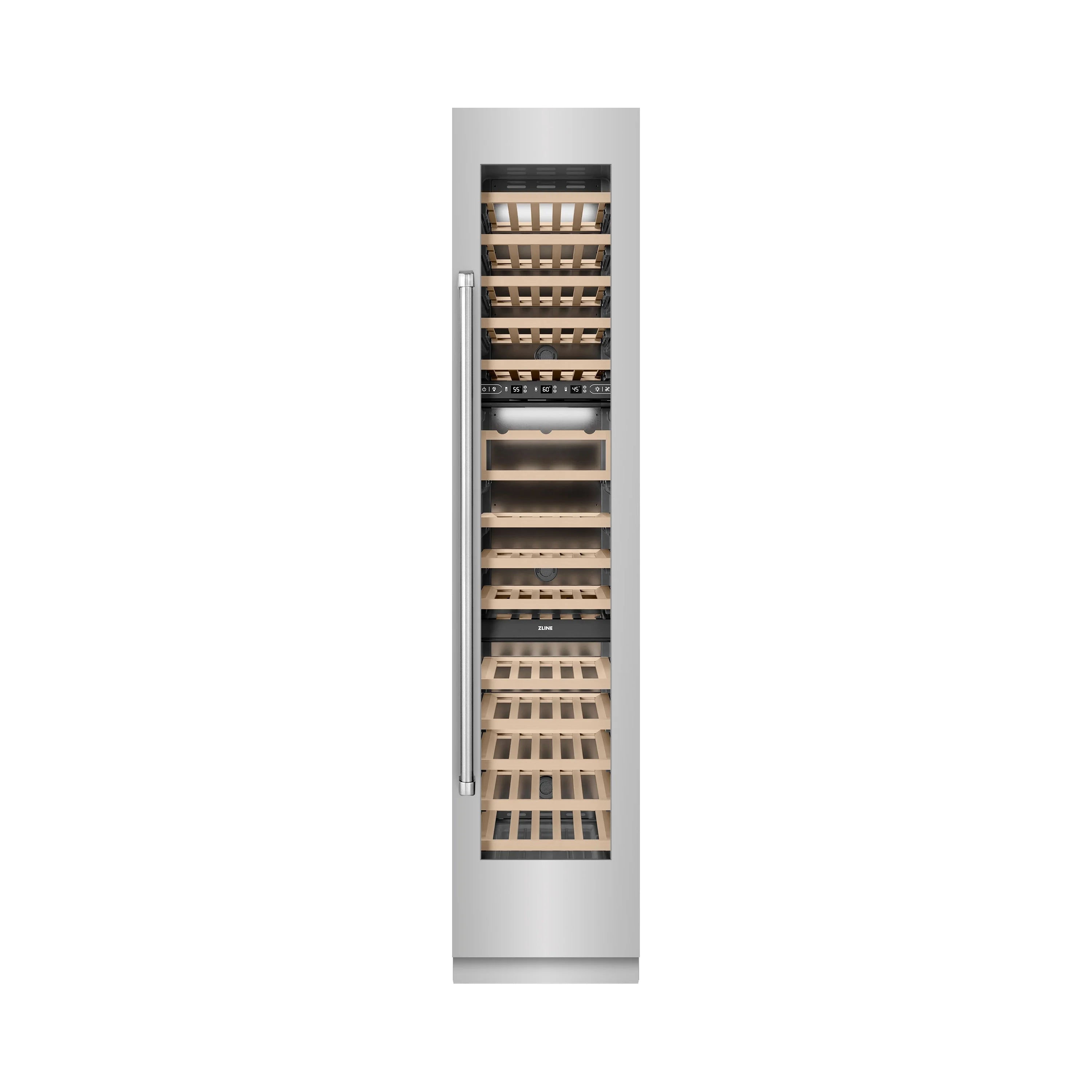Stainless steel built-in wine cooler with door open showing wooden wine storage racks