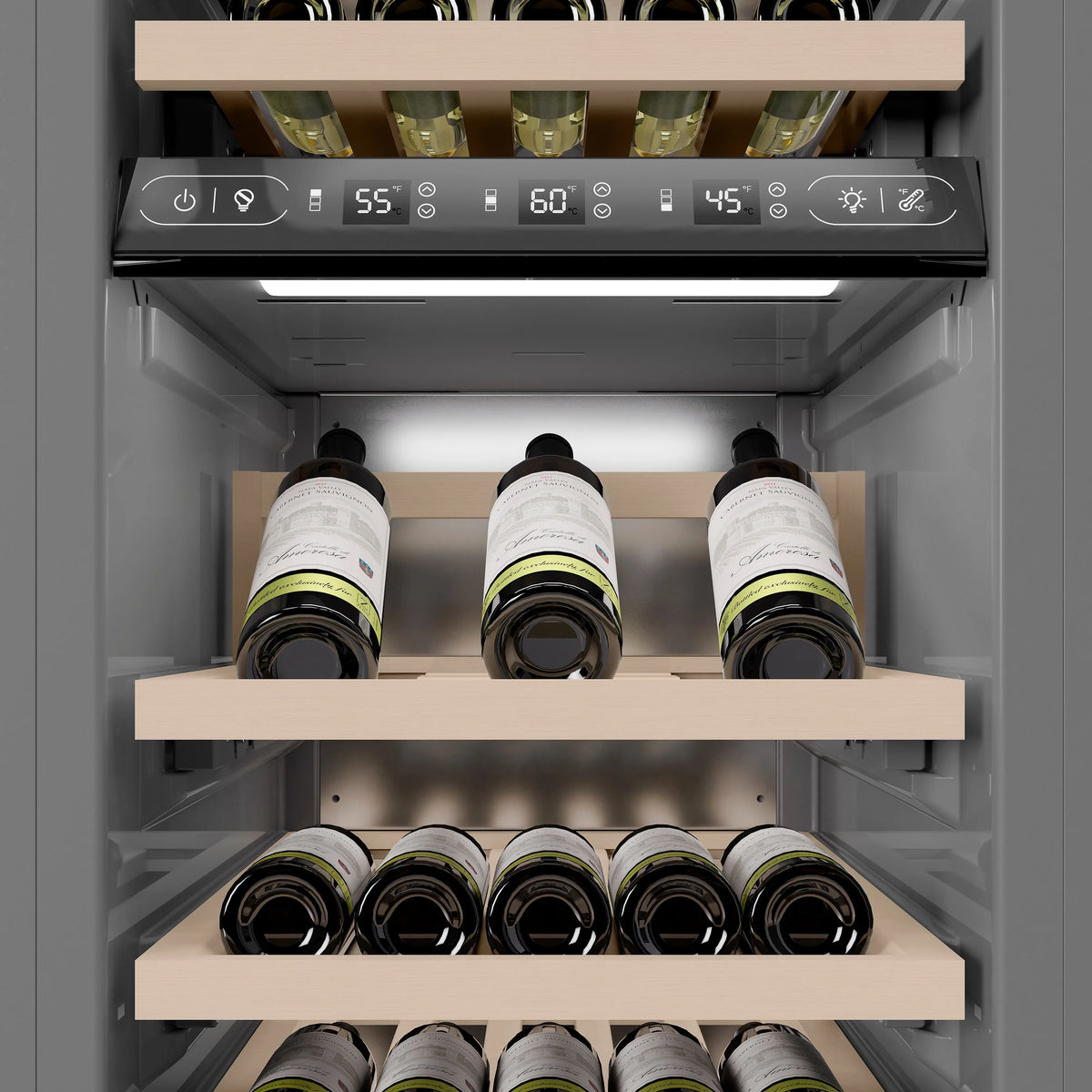 Wine cooler interior showing control panel and bottles on birch wood shelves