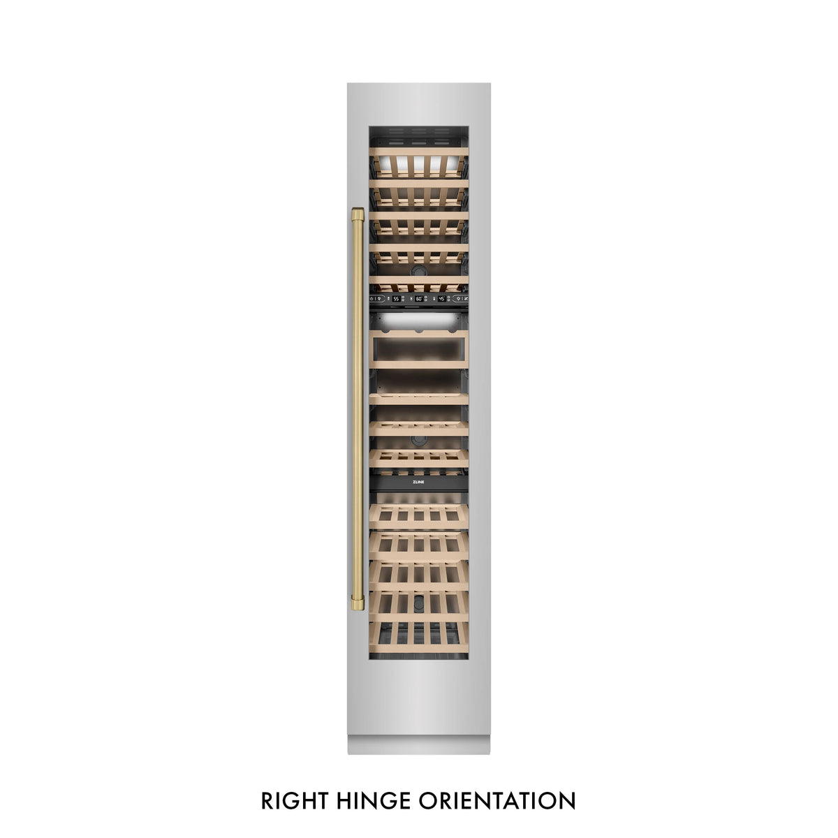 Right-hinged wine cooler with champagne bronze handle and birch racks