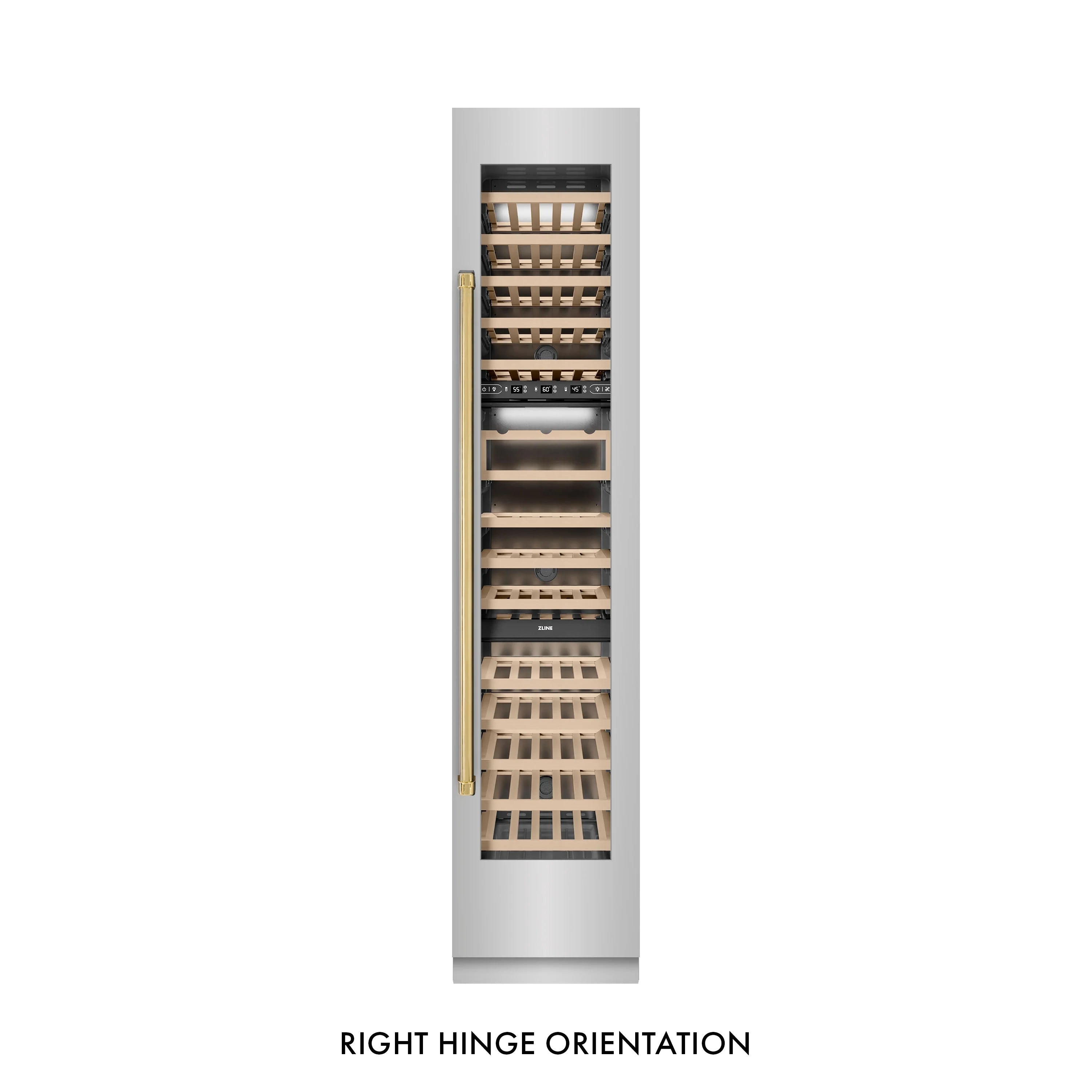 Right hinge orientation diagram of open wine cooler with birch racks