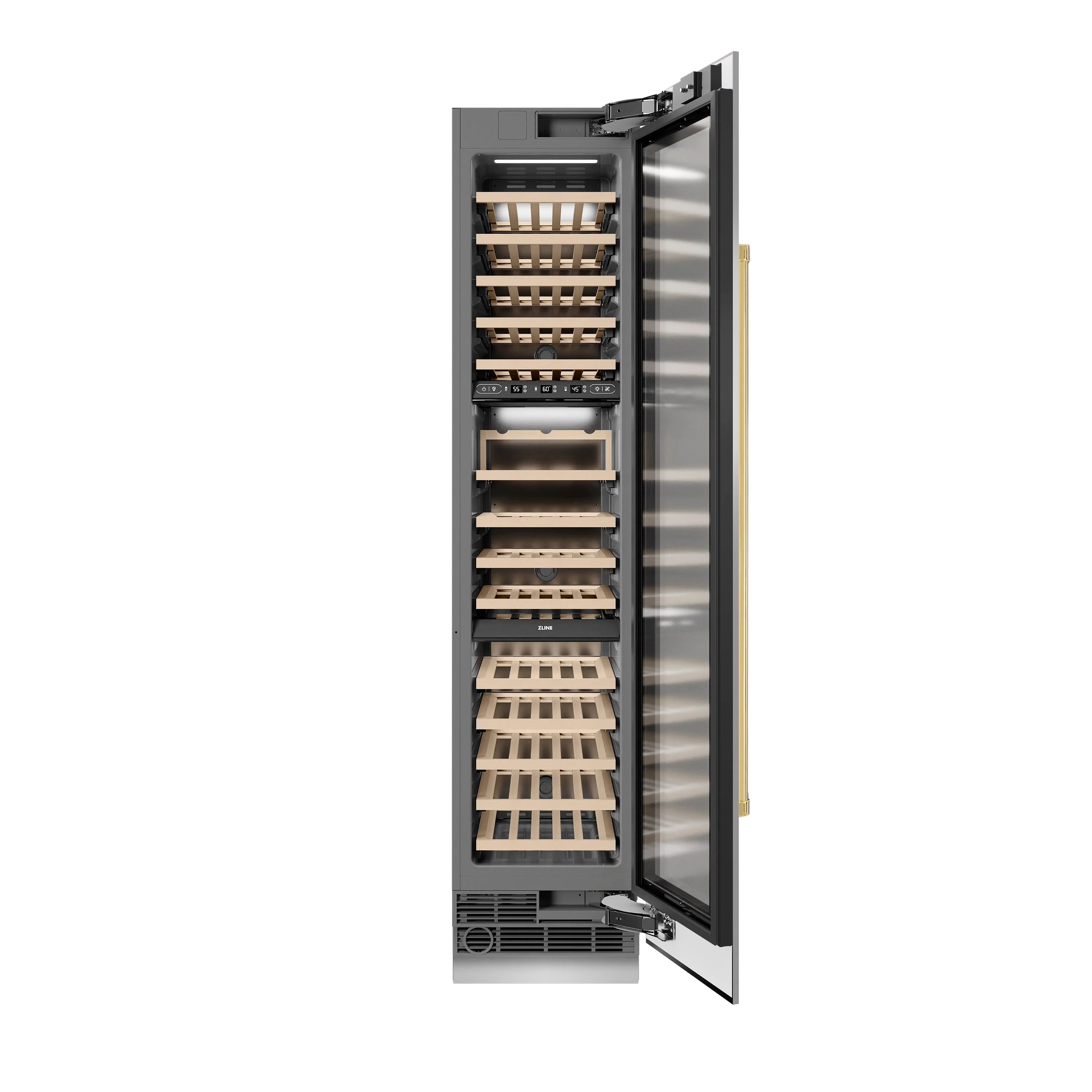 Stainless steel wine cooler with right hinge, open door, multiple wooden bottle racks.