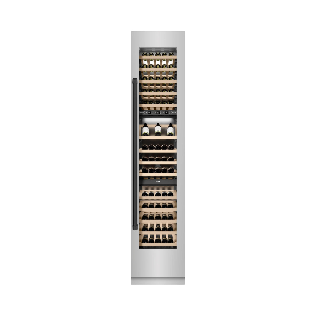 Wine cooler interior with wood racks holding bottles, right-hinge stainless door frame