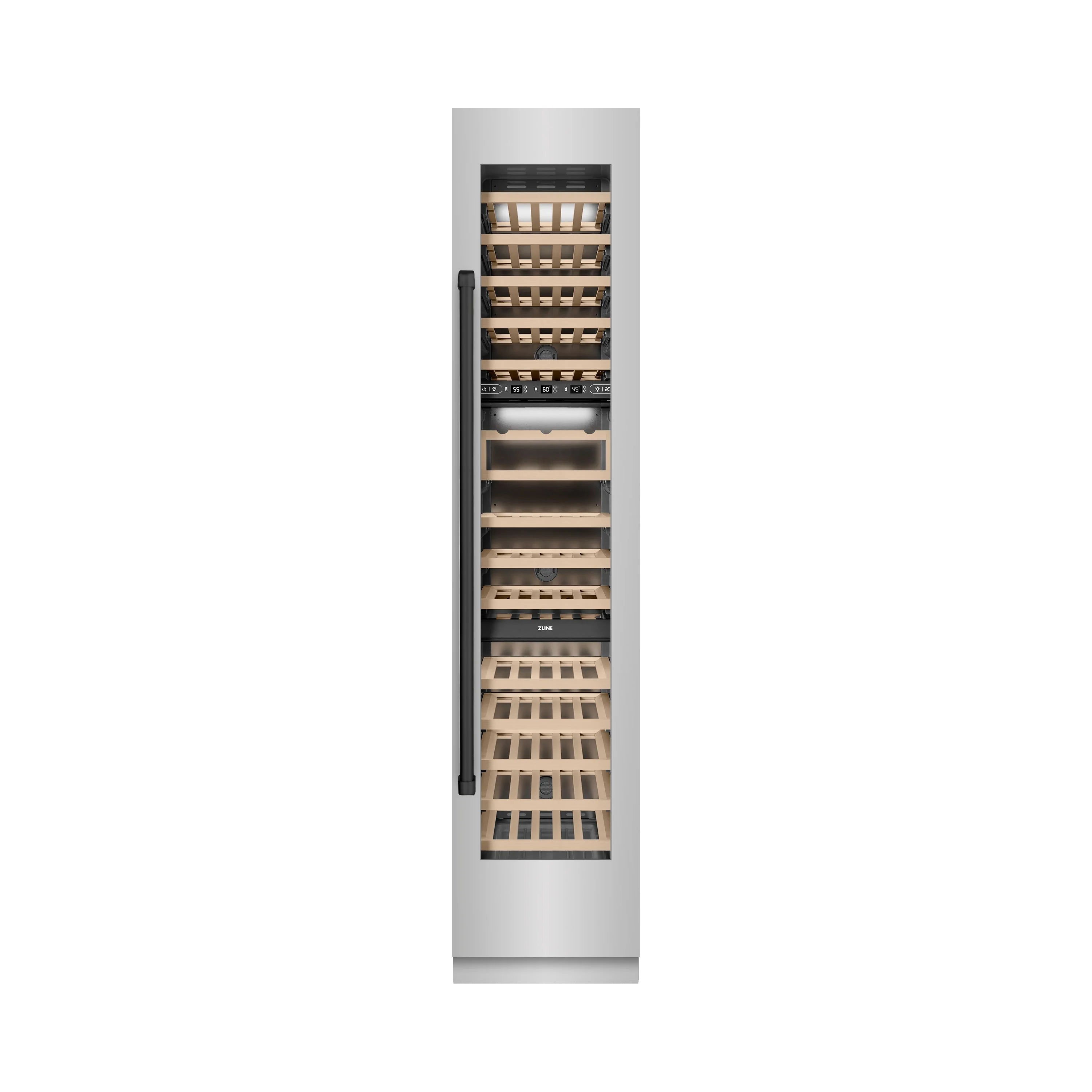 Stainless wine cooler with right-hinge door open, showing wood wine racks and bottle slots