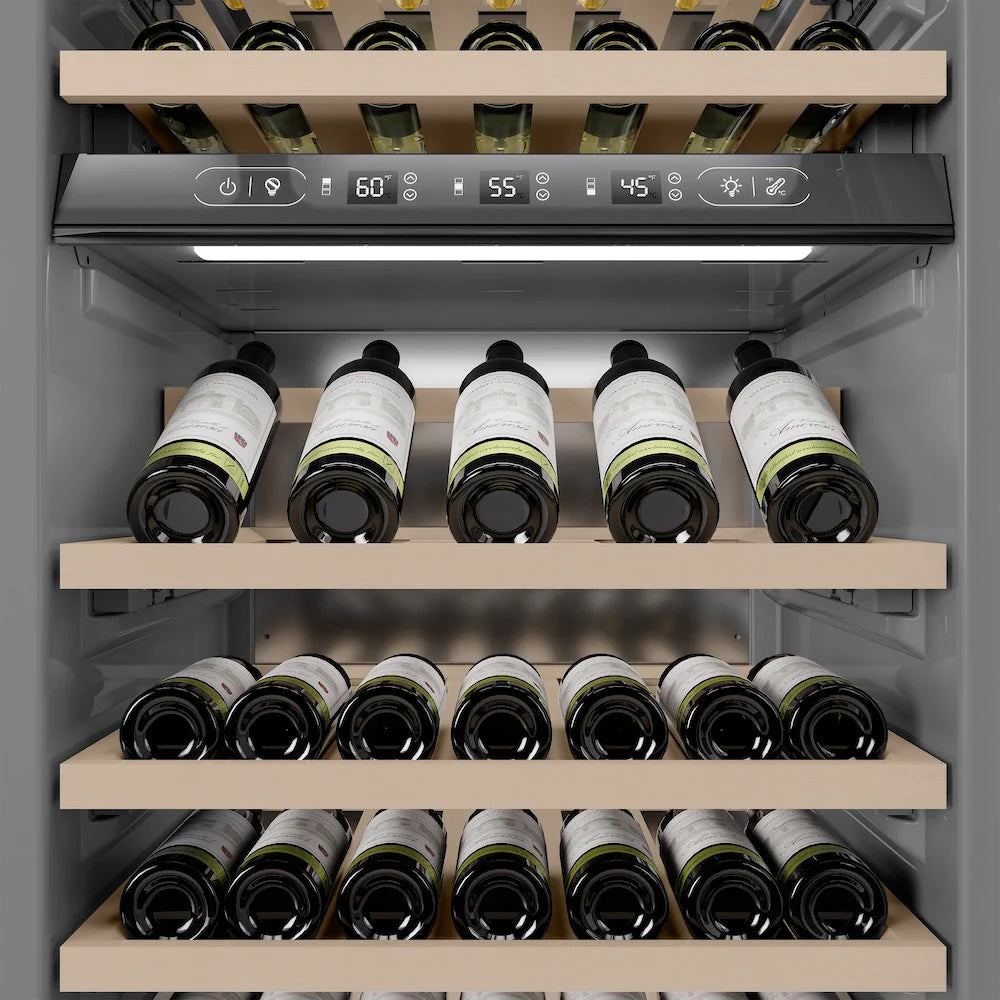 Wine cooler interior with bottles, birch shelves, and bright overhead interior light