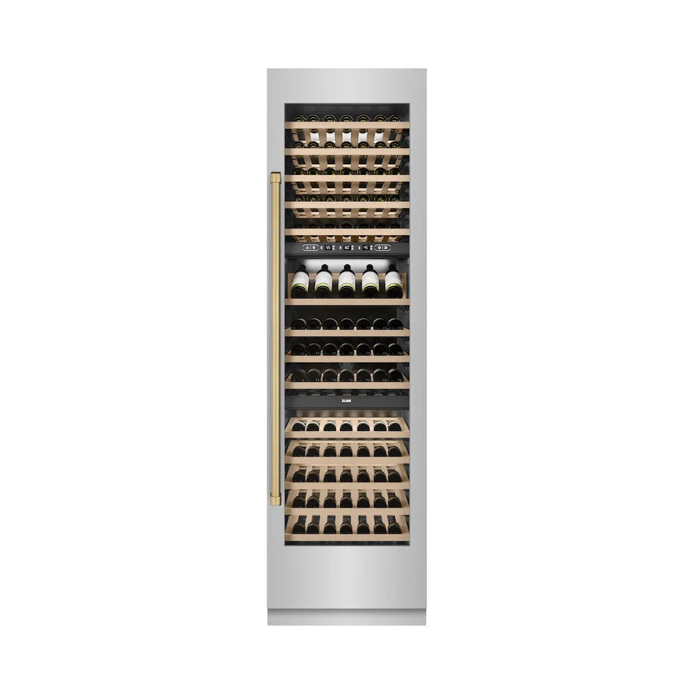 Built-in wine cooler with door open showing stacked birch racks and wine bottles