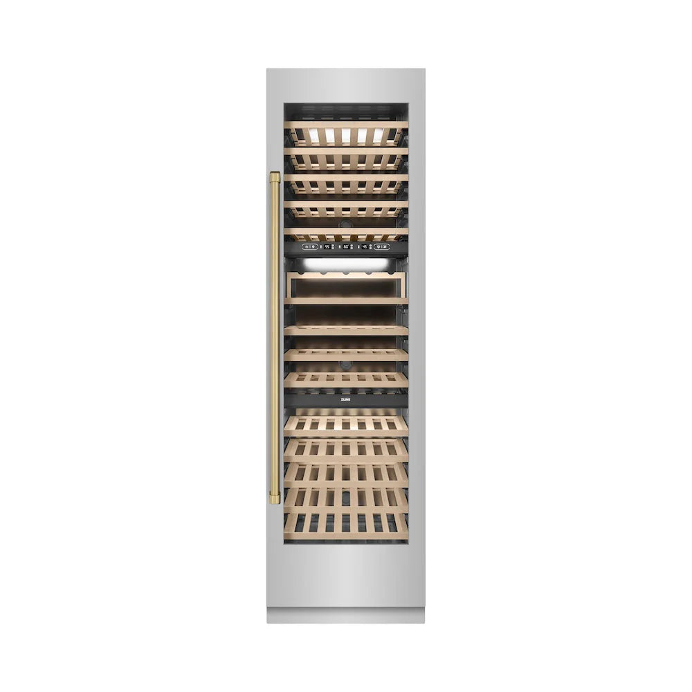 Built-in wine cooler with stainless door and birch wine racks, front view